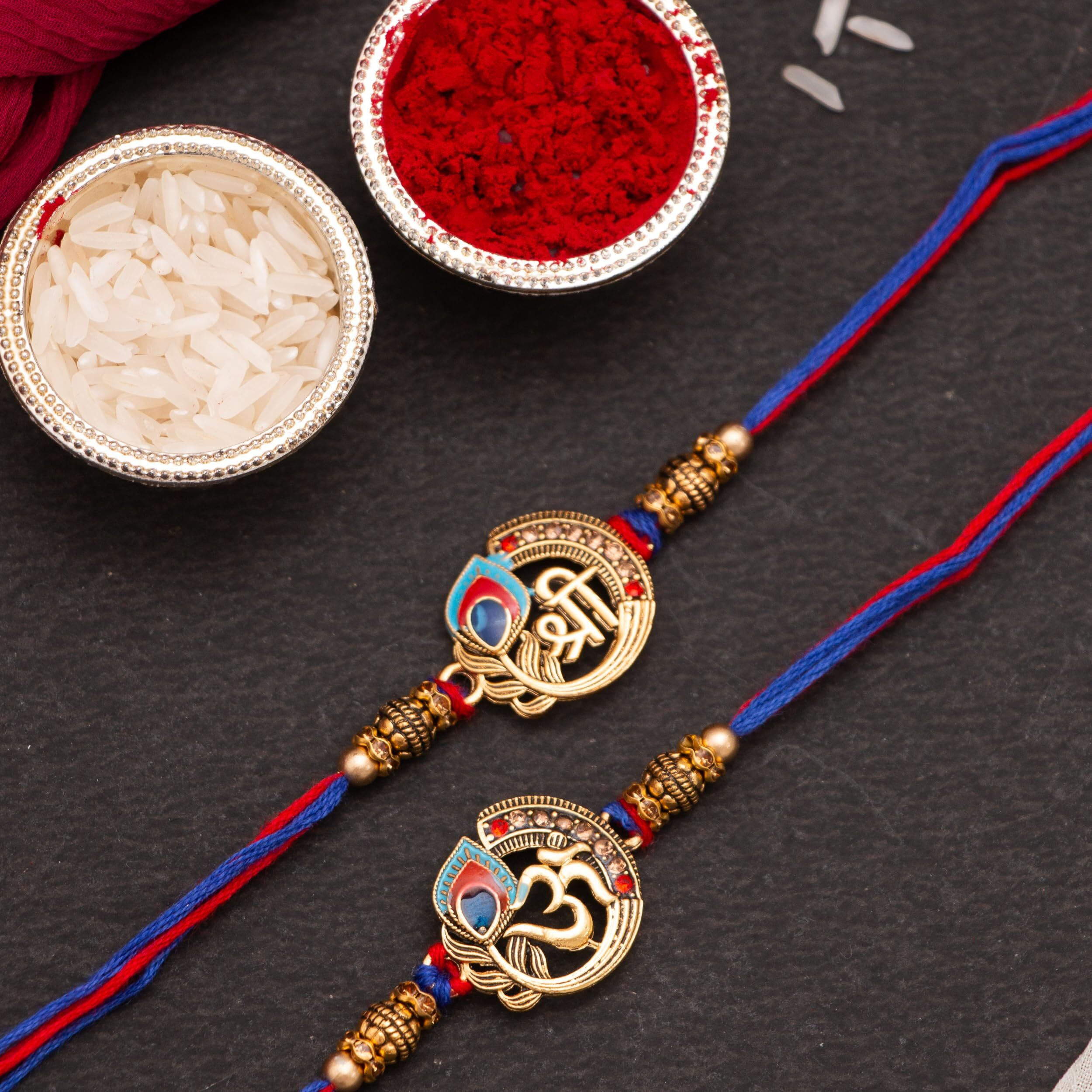 CraftVatika Metal Designer Rakhi For Brother Bhaiya Om Rakhi For Bhai With Greeting Card Shri Mor Pankh Rakhi For Bhaiya Rakhi Set Of 2 For Rakshabandhan Combo