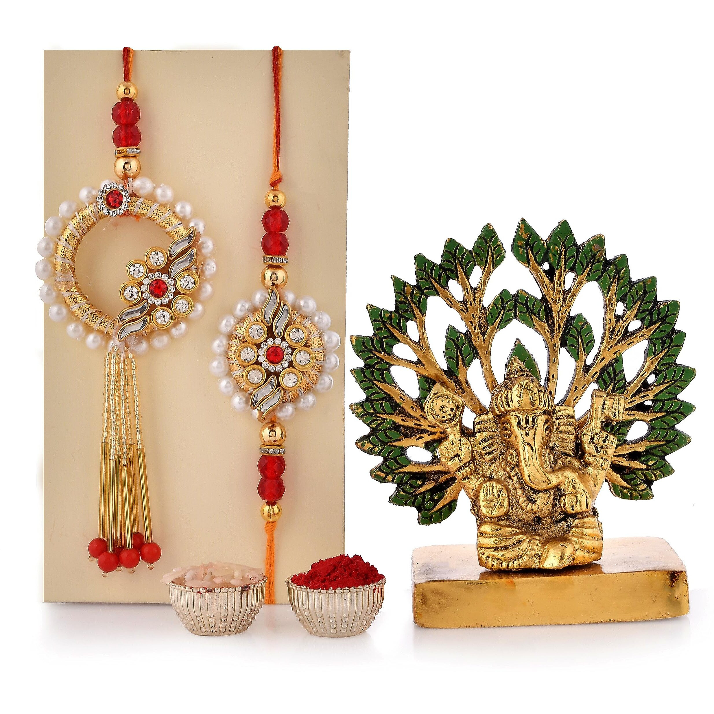 CraftVatika Rakhi Gift Combo for Brother Bhaiya and Bhabhi | Bhaiya Bhabhi Couple Rakhi Set of 2 | Rakhi with ganesha Idol Gift for Brother | Premium Kundan Lumba Rakhi for Bhabhi