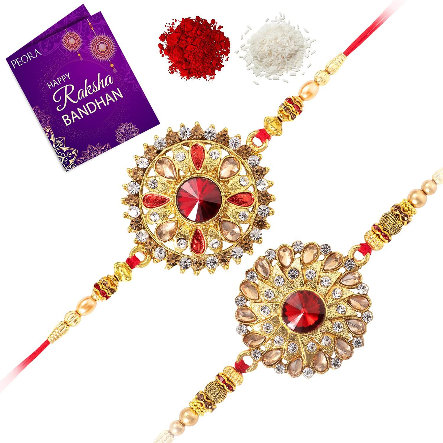 Peora Men Elegant Kundan Stone Rakhi For Brother Combo Set Of 2 With Raksha Bandhan Greeting Card & Roli Chawal
