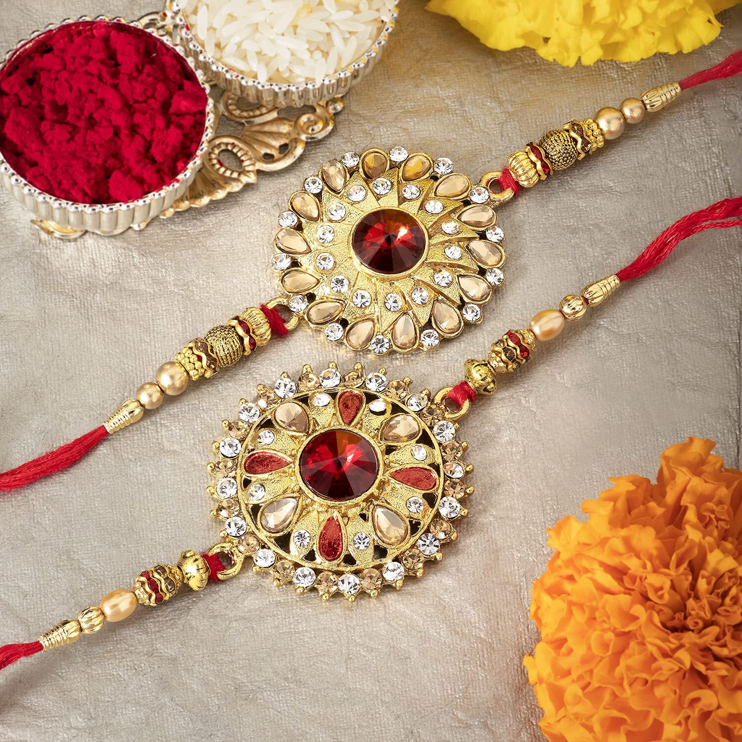 Peora Men Elegant Kundan Stone Rakhi For Brother Combo Set Of 2 With Raksha Bandhan Greeting Card & Roli Chawal