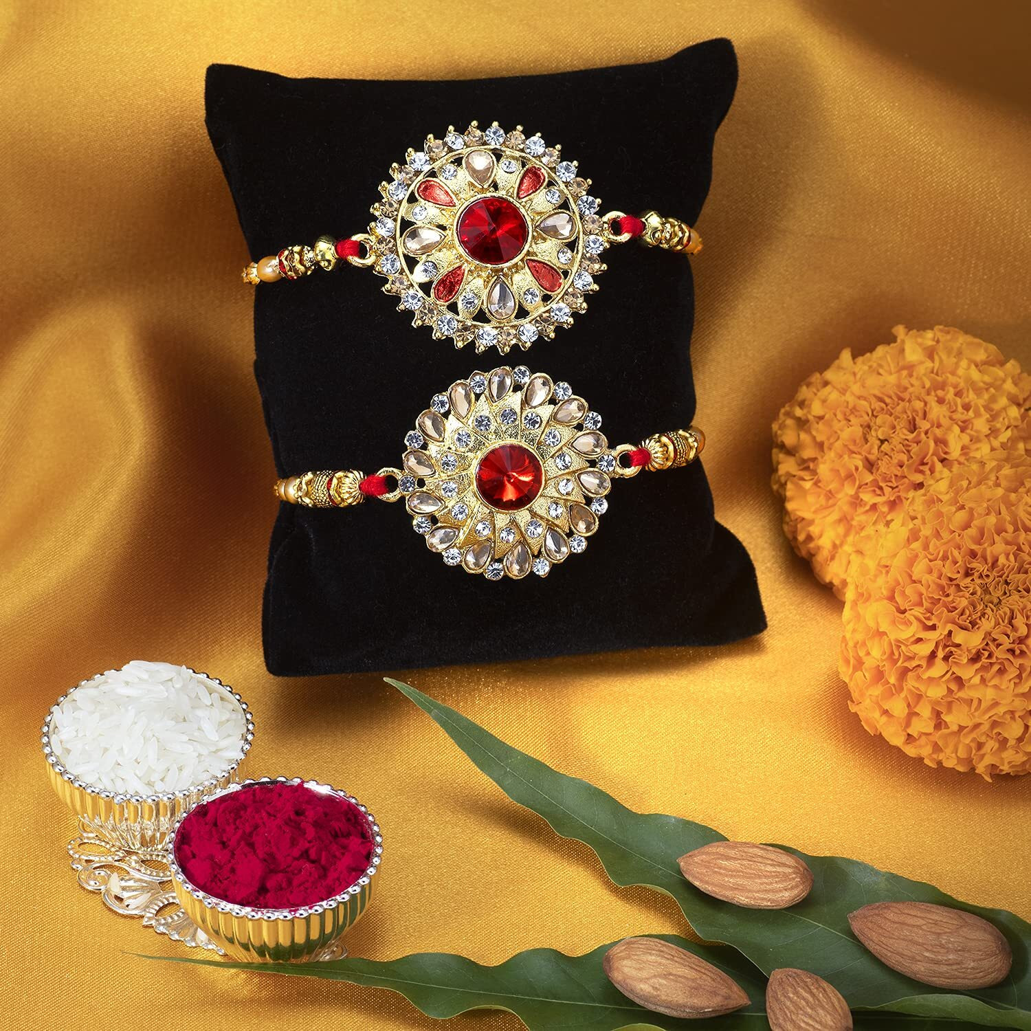 Peora Men Elegant Kundan Stone Rakhi For Brother Combo Set Of 2 With Raksha Bandhan Greeting Card & Roli Chawal