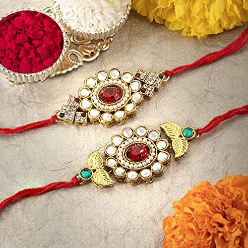 Peora Men Kundan & Crystal Stone Rakhi For Brother Combo Set Of 2 With Raksha Bandhan Greeting Card & Roli Chawal