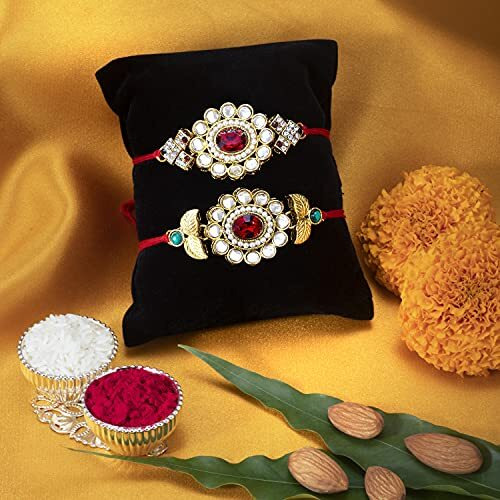 Peora Men Kundan & Crystal Stone Rakhi For Brother Combo Set Of 2 With Raksha Bandhan Greeting Card & Roli Chawal