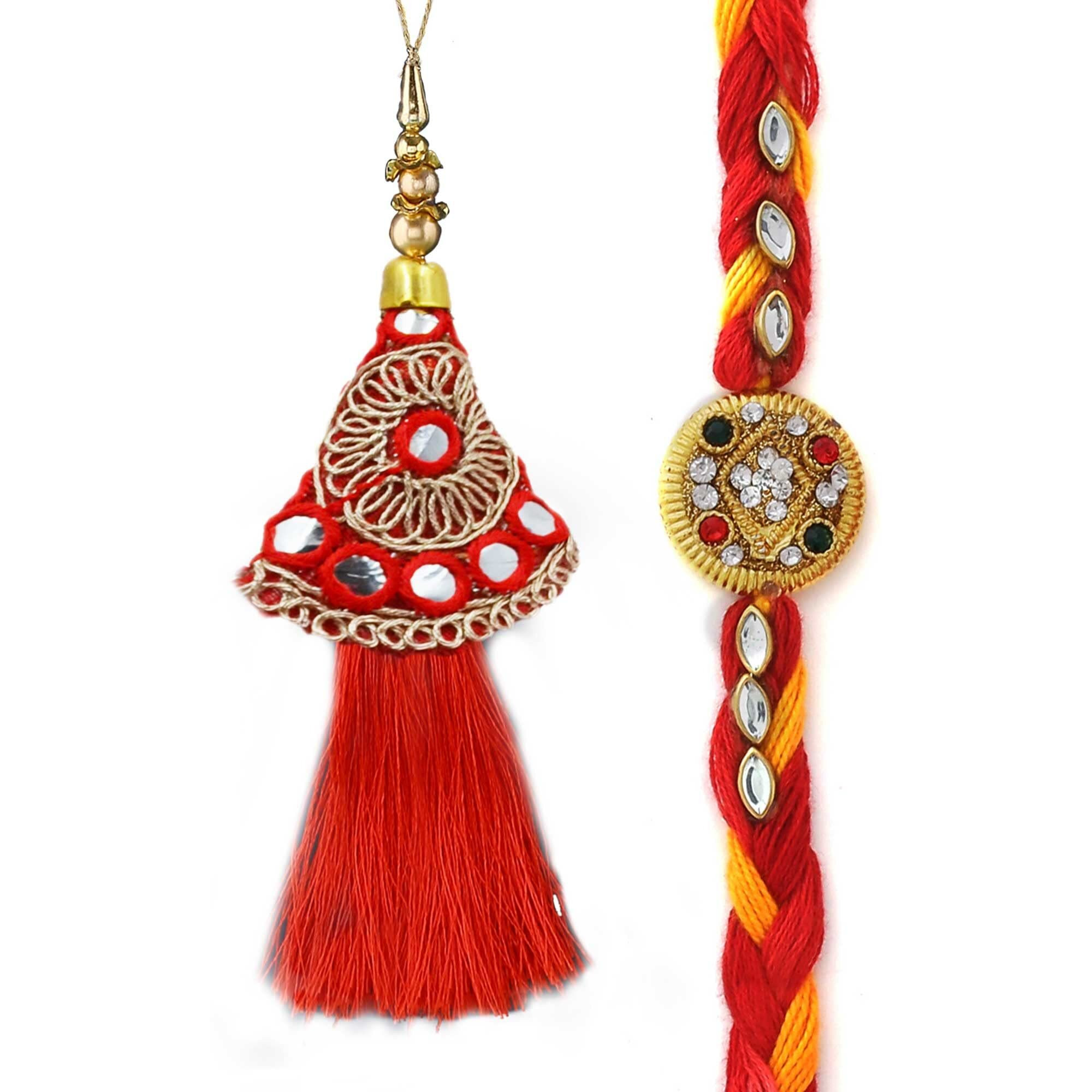 CraftVatika Set of 2 Rakhi For Brother and Bhabhi Combo - Rakhi For Bhai Bhabhi - Red Floral Lumba Rakhi For Bhabhi - Colorful Threads Rakhi for Bhaiya (Style 2)