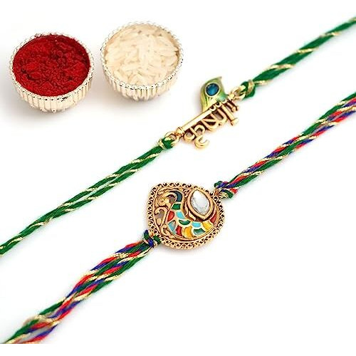 CraftVatika Krishna Peacock Rakhi for Brother Men Boy Kids Rakhi Set Pack of 2 Designer Multicolor Rakhi Bracelet for Rakshabandhan, Fridge Magnet for Door Decor