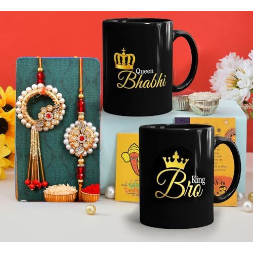CraftVatika Rakhi for Brother and Bhabhi with Mug Gift Combo, Kundan Rakhi with Mug for Bhaiya Bhabhi Rakhi Set of 2, King Bhaiya Queen Bhabhi Quote Printed Mug Rakshabandhan Rakhi with Magnet Gift