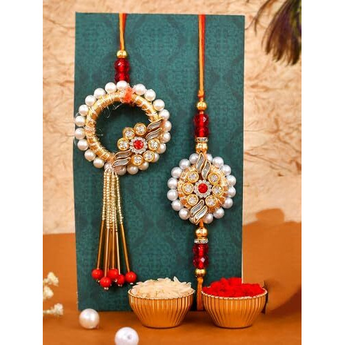 CraftVatika Rakhi for Brother and Bhabhi with Mug Gift Combo, Kundan Rakhi with Mug for Bhaiya Bhabhi Rakhi Set of 2, King Bhaiya Queen Bhabhi Quote Printed Mug Rakshabandhan Rakhi with Magnet Gift