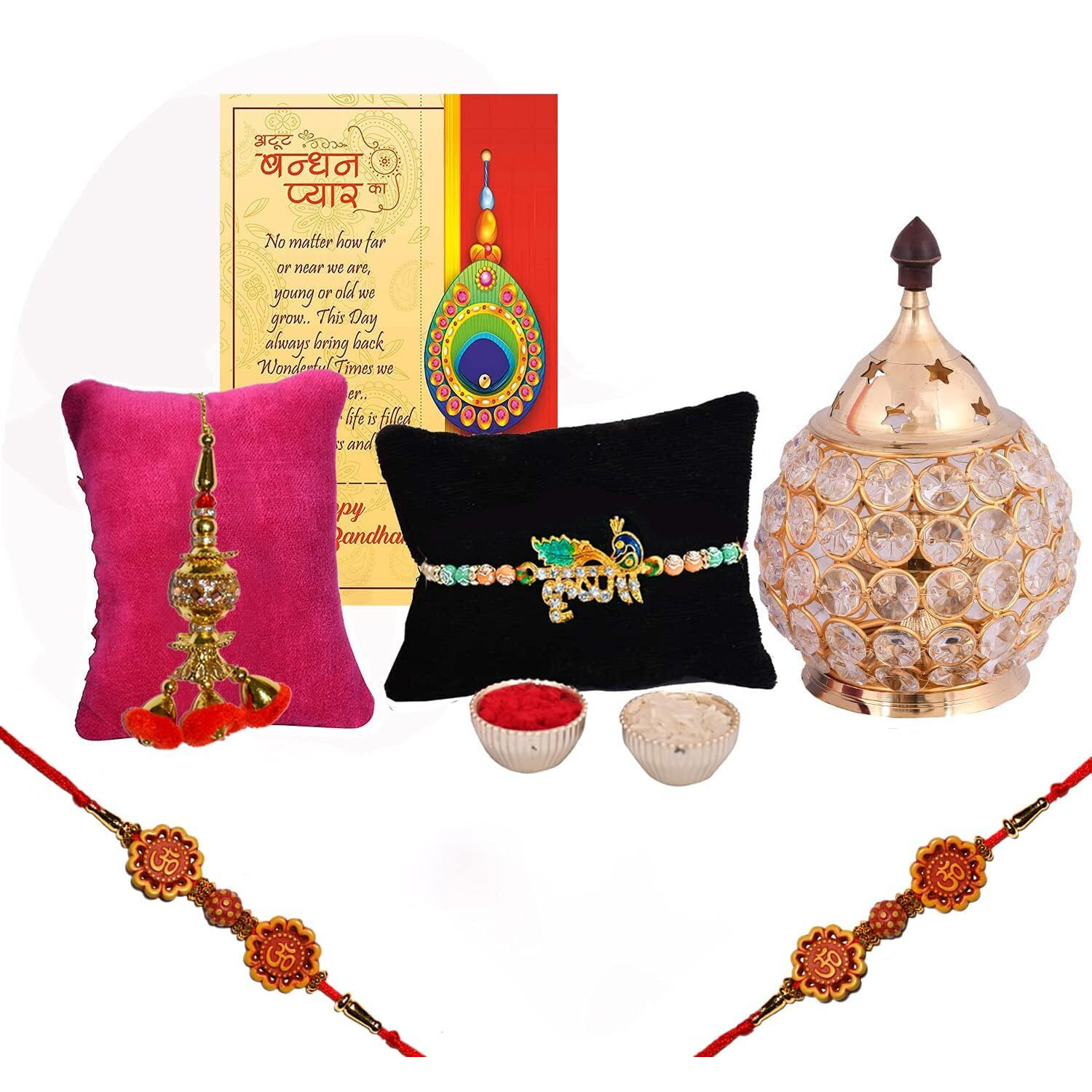 Collectible India Rakhi Gift for Brother Combo Set - Rakhi for Brother - Rakhi for Rakshabandhan Diya Gifts for Bhaiya Bhabhi- Akhand Crystal Diya Oil Lamp,Krishna Rakhi, Rudraksh Rakhi, Lumba Rakhi