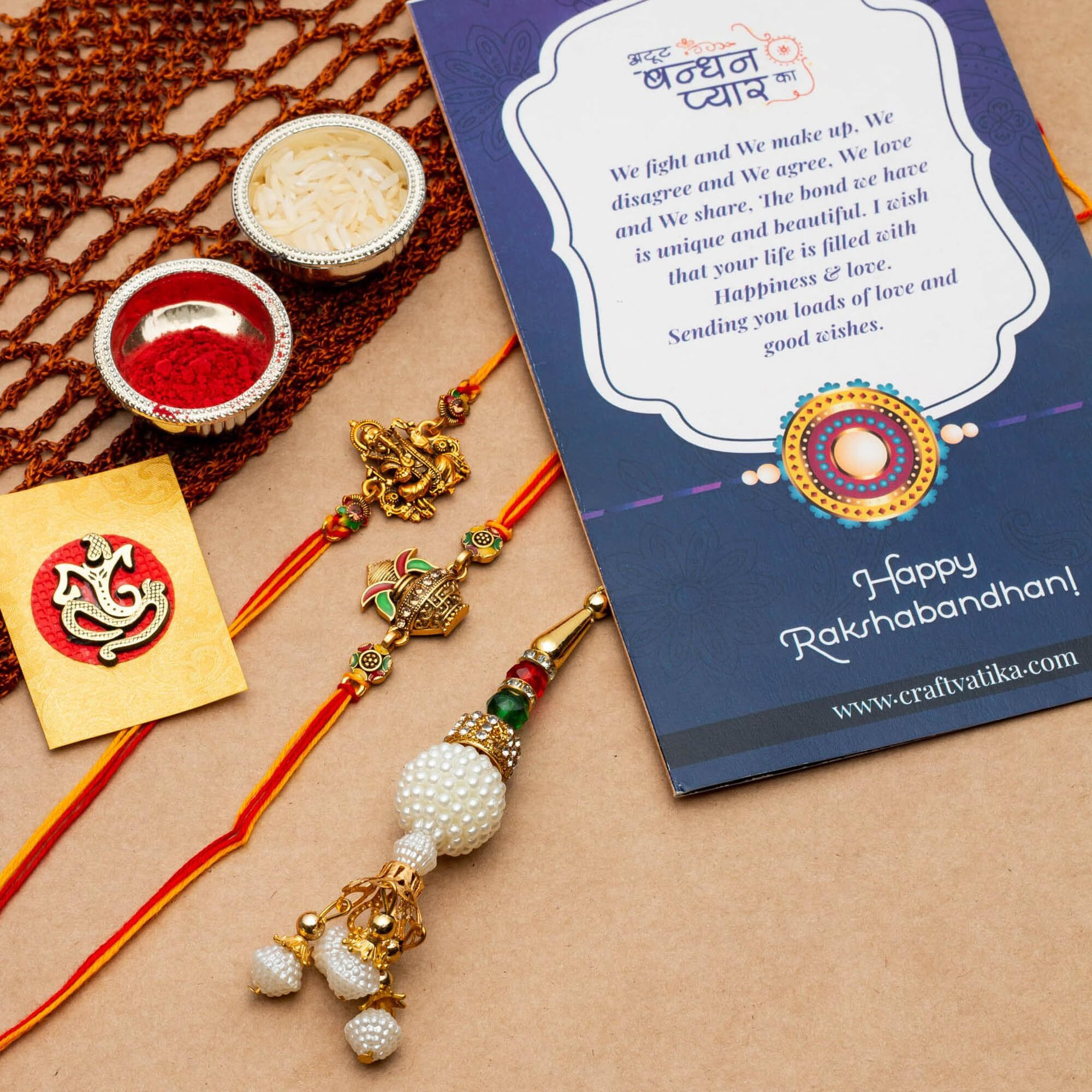 CraftVatika Pack of 3 Rakhi For Brother - Rakhi For Brother and Bhabhi Kids - Lumba Rakhi For Bhabhi/Ganesha Rakhi For Bhaiya Bhabhi/Rakshabandhan Gifts
