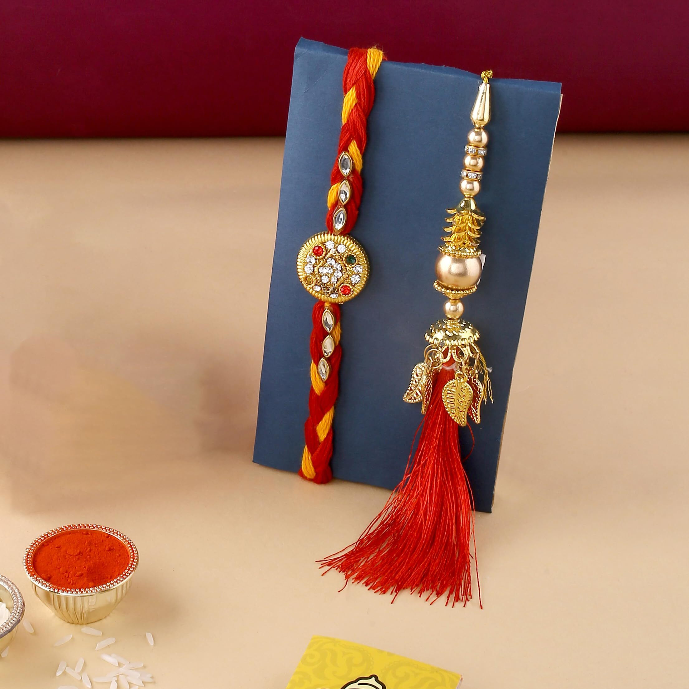 CraftVatika Set of 2 Rakhi For Brother and Bhabhi Combo - Rakhi For Bhai Bhabhi - Red Floral Lumba Rakhi For Bhabhi - Colorful Threads Rakhi for Bhaiya (Style1)