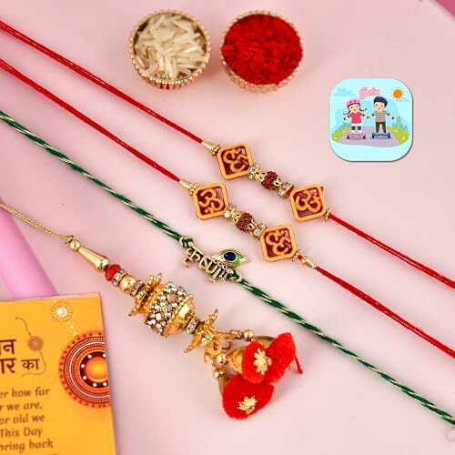 CraftVatika rakhi for brother and bhabhi and kids combo | bhaiya bhabhi designer rakhi set | rakhi combo set of 4 | Krishna Lumba Om Rudraksh Rakhi, Fridge Magnet for Door Decor