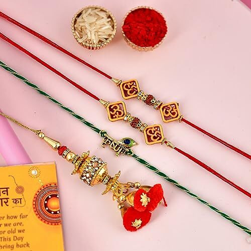 CraftVatika rakhi for brother and bhabhi and kids combo | bhaiya bhabhi designer rakhi set | rakhi combo set of 4 | Krishna Lumba Om Rudraksh Rakhi, Fridge Magnet for Door Decor