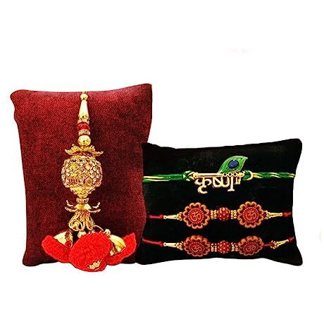 CraftVatika rakhi for brother and bhabhi and kids combo | bhaiya bhabhi designer rakhi set | rakhi combo set of 4 | Krishna Lumba Om Rudraksh Rakhi, Fridge Magnet for Door Decor