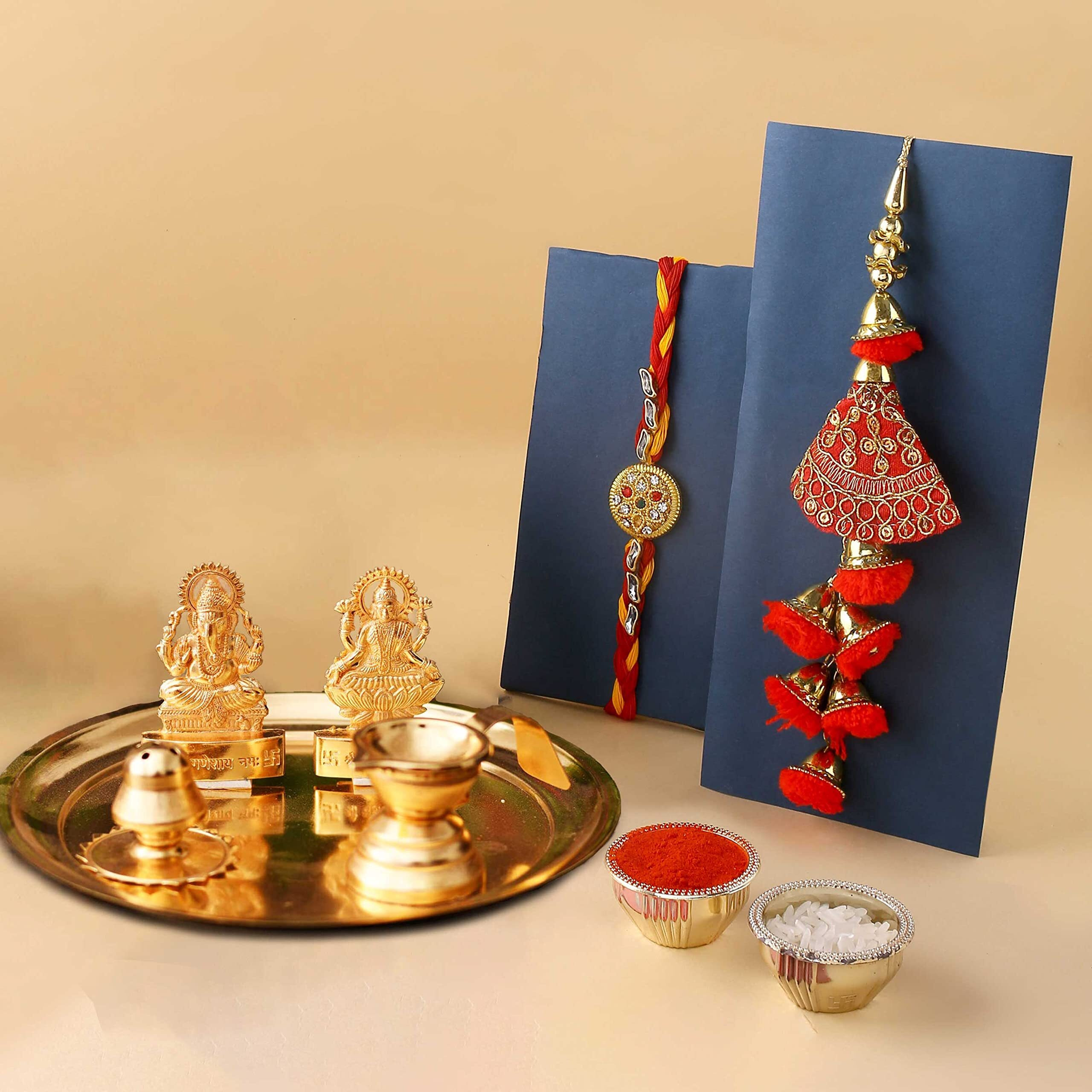 Lumba Rakhi For Brother and Bhabhi with Pooja Plate Thali Gift Combo - Rakhi Gift For Bhaiya and Bhabhi - Rakshabandhan Gifts for Sister In Law, Bhaiya Bhabhi - Gold Plated Laxmi Ganesh Pooja thali Set