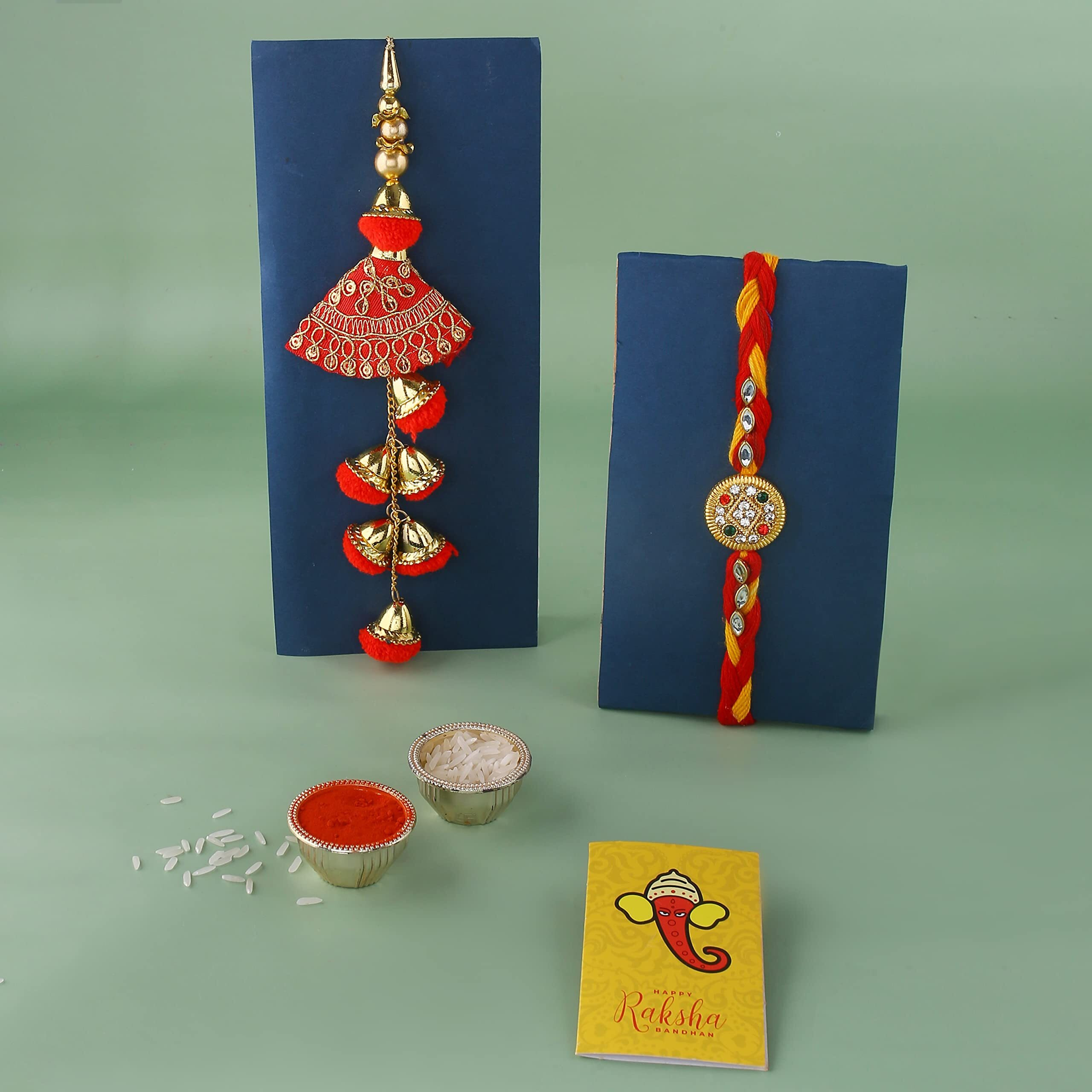 Lumba Rakhi For Brother and Bhabhi with Pooja Plate Thali Gift Combo - Rakhi Gift For Bhaiya and Bhabhi - Rakshabandhan Gifts for Sister In Law, Bhaiya Bhabhi - Gold Plated Laxmi Ganesh Pooja thali Set