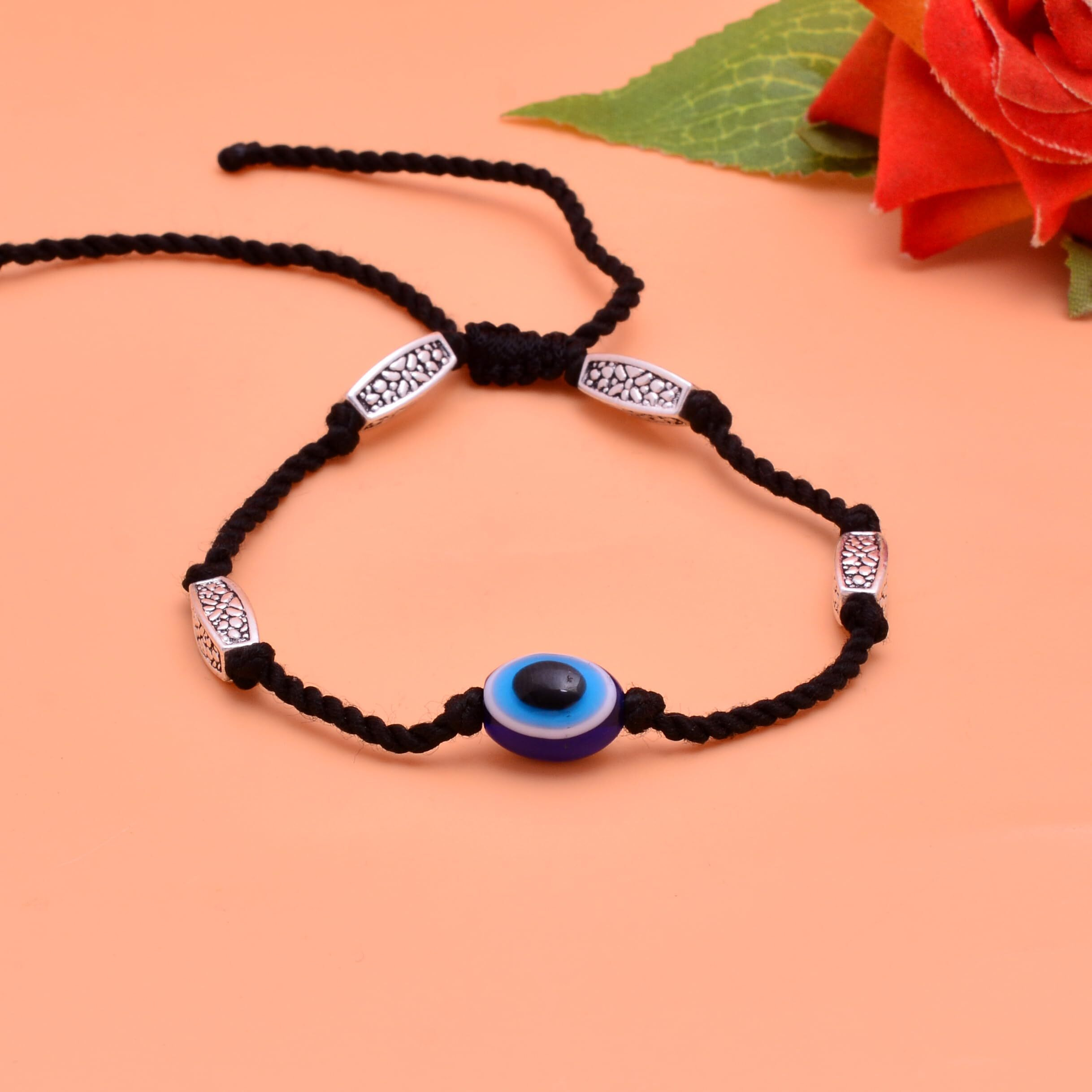 abhooshan Charm Single Anklet in Silver Adjustable Black Thread for Girls and Women Stylish | Ideal Gift for Wife, Friend, Collegues, Sister on Rakhi Birthday Anniversary Gift (Trendy Evil Eye)