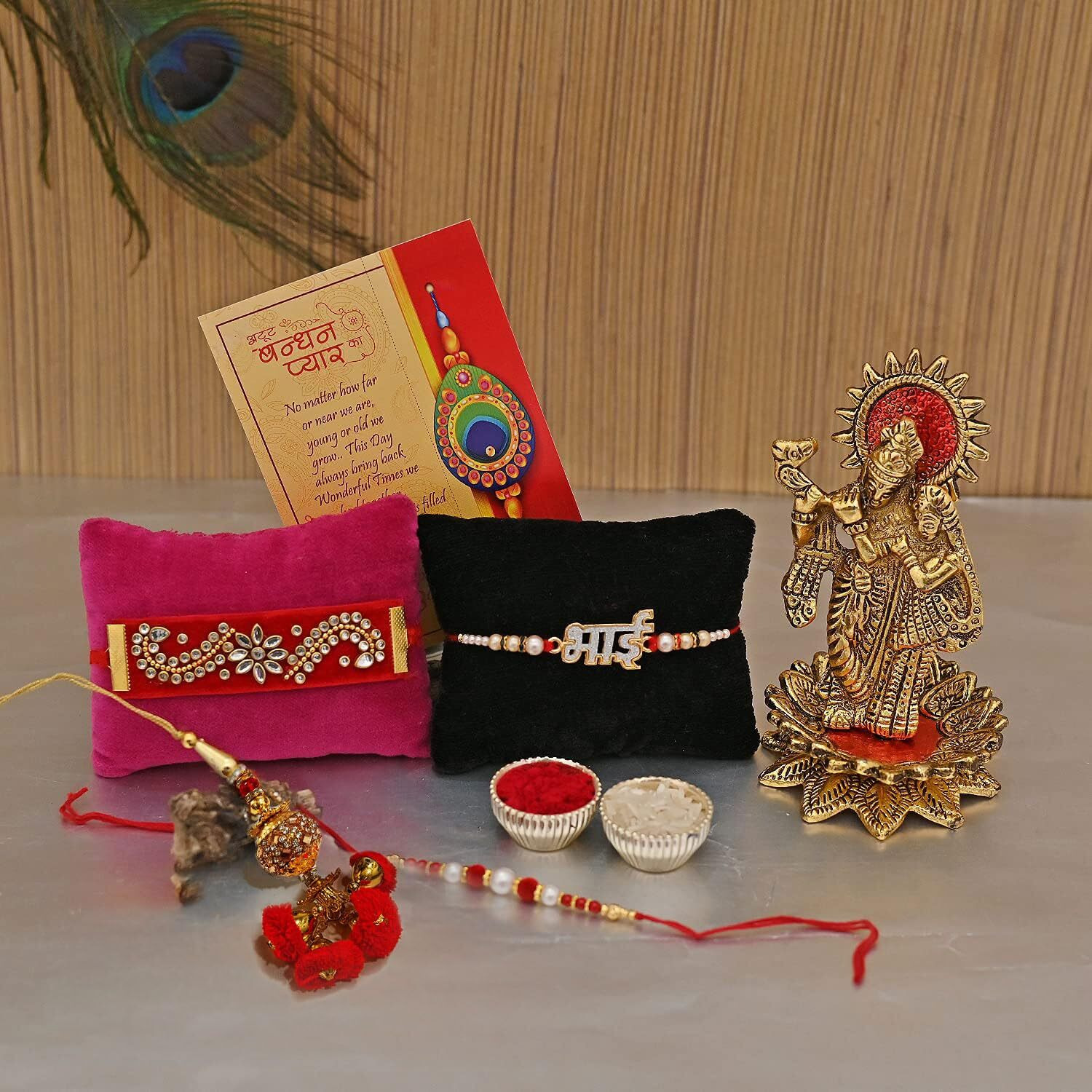 Collectible India Rakhi Gift for Brother and Bhabhi Rakshabandhan Gift Hampers Rakhi Bhai Sister Kids Combo - Radha Krishna Idol Murti Statue - Peacock Rakhi, Rakhi, Lumba Rakhi, Greeting Card