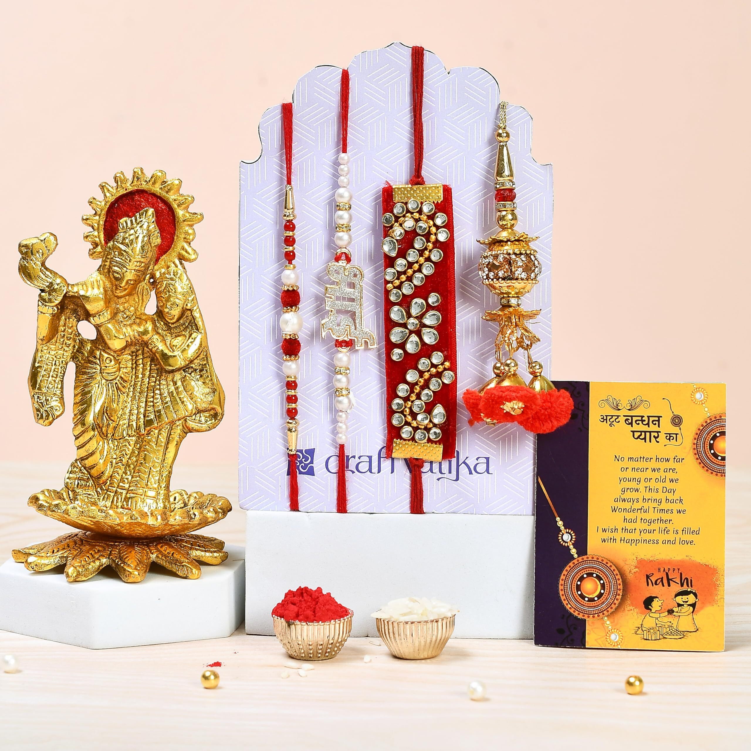 Collectible India Rakhi Gift for Brother and Bhabhi Rakshabandhan Gift Hampers Rakhi Bhai Sister Kids Combo - Radha Krishna Idol Murti Statue - Peacock Rakhi, Rakhi, Lumba Rakhi, Greeting Card