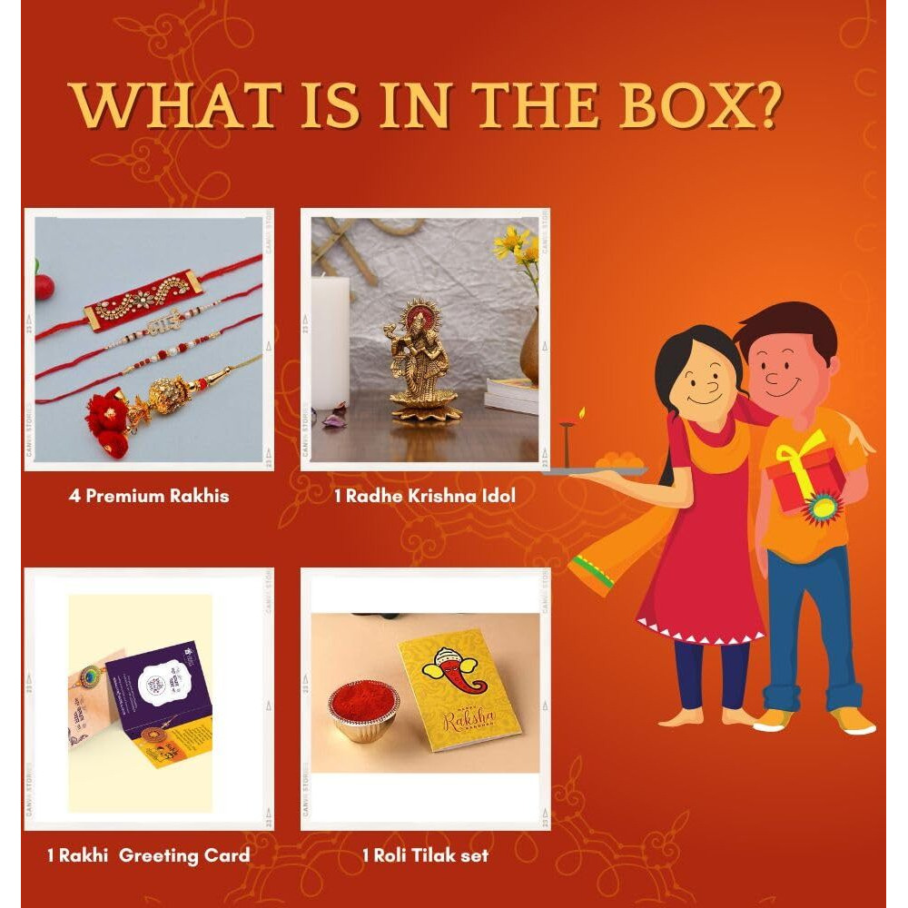Collectible India Rakhi Gift for Brother and Bhabhi Rakshabandhan Gift Hampers Rakhi Bhai Sister Kids Combo - Radha Krishna Idol Murti Statue - Peacock Rakhi, Rakhi, Lumba Rakhi, Greeting Card
