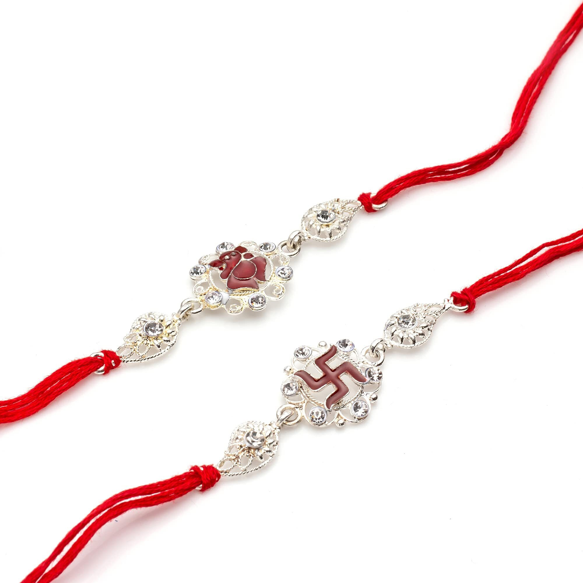 CraftVatika Silver Rakhi for Brother Bhaiya Bhabhi - Pack of 2 Rakhis,Om Rakhi Ganesha Rakhi - Bhai/Bhaiya/Gift