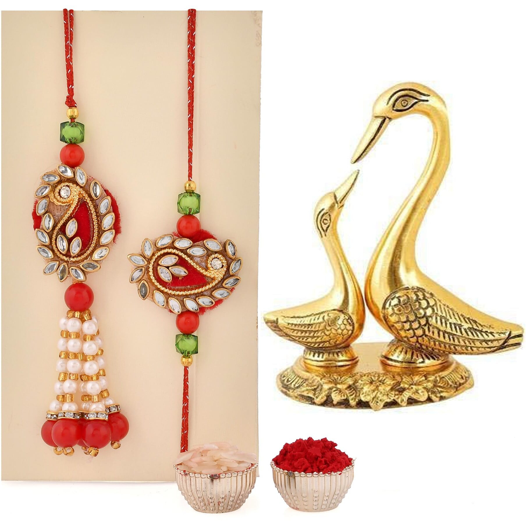 CraftVatika Rakhi Bhaiya Bhabhi Rakhi Set with Gift - Couple Kundan Rakhi with Metal Swan Pair Showpiece Gift for Brother - Lumba Rakhi for Bhabhi - Rakhi Gift Combo for Rakshabandhan
