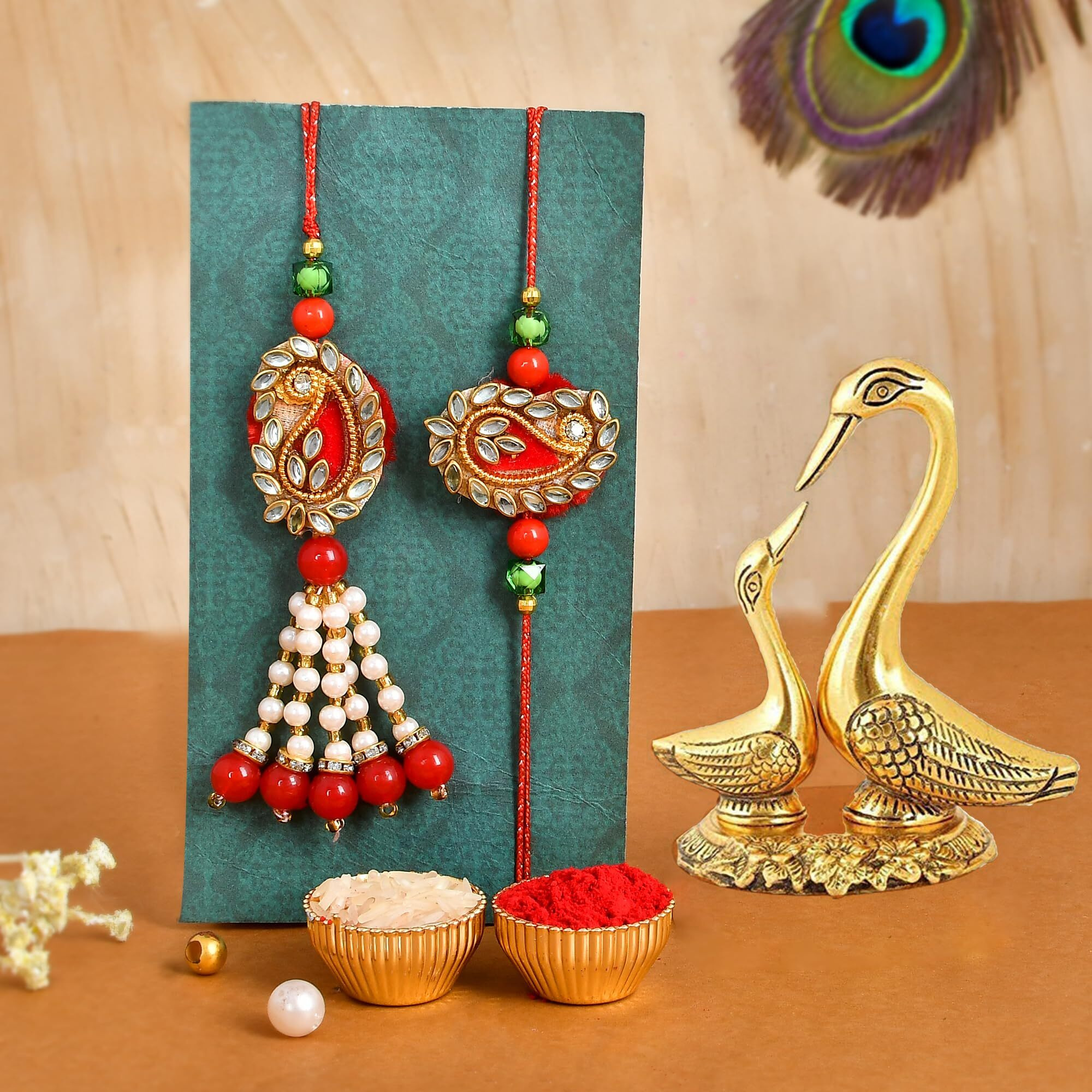 CraftVatika Rakhi Bhaiya Bhabhi Rakhi Set with Gift - Couple Kundan Rakhi with Metal Swan Pair Showpiece Gift for Brother - Lumba Rakhi for Bhabhi - Rakhi Gift Combo for Rakshabandhan