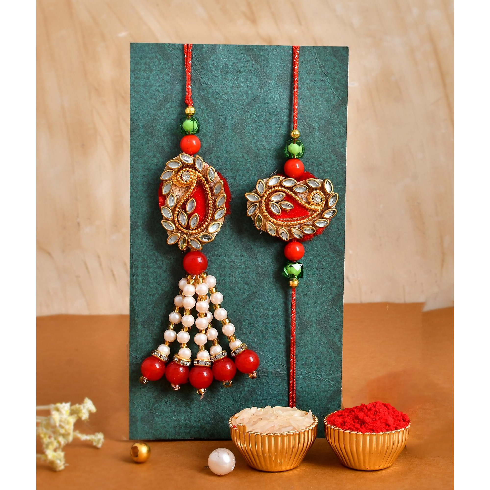 CraftVatika Rakhi Bhaiya Bhabhi Rakhi Set with Gift - Couple Kundan Rakhi with Metal Swan Pair Showpiece Gift for Brother - Lumba Rakhi for Bhabhi - Rakhi Gift Combo for Rakshabandhan