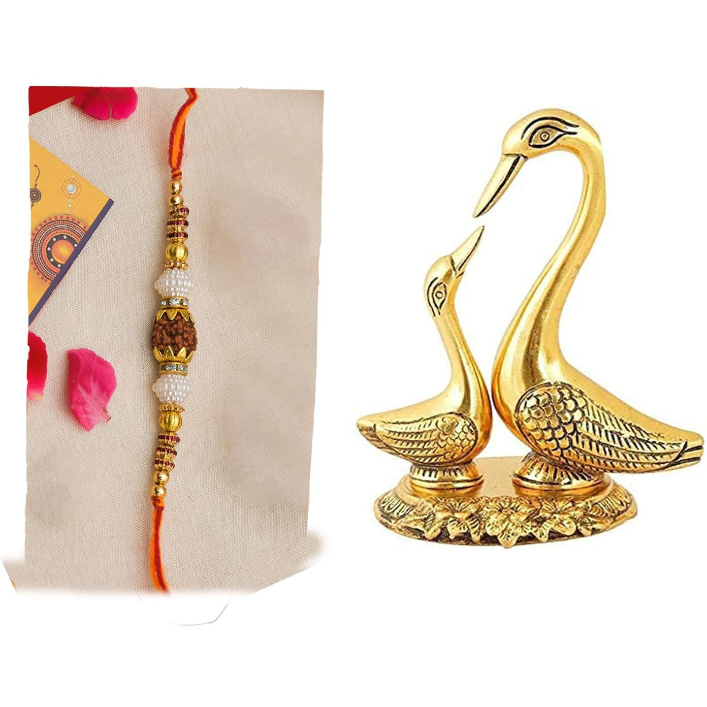 CraftVatik Rakhi Gift Combo Set for Brother Boy Men Rakhi Set of 1 for Bhaiya with Swan Kissing Pair Showpiece Rakshabandhan Rakhi Gift