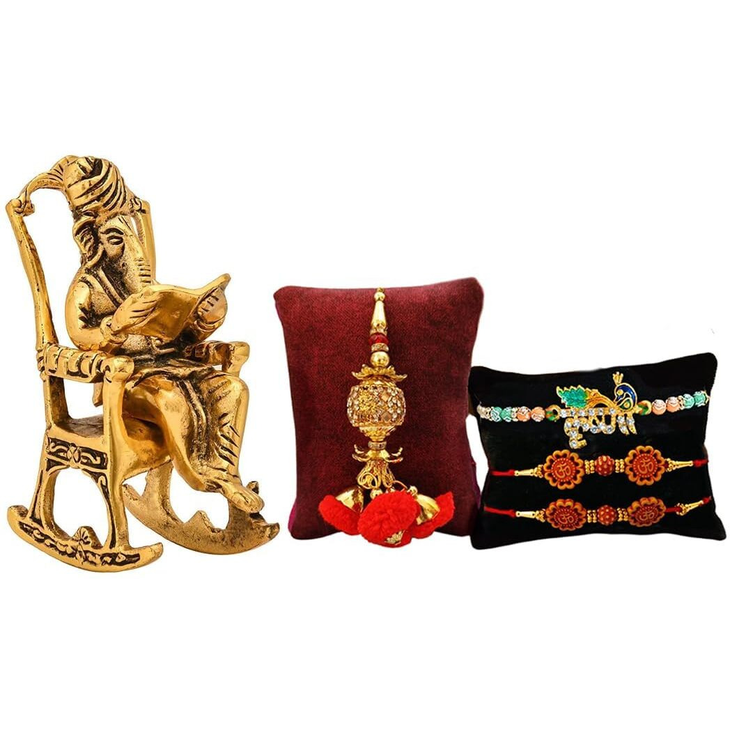 Raksha Bandhan Rakhi Combo Set Brother - Rakhi Gifts for Bhaiya Bhabhi - Lord Ganesha Idol Statue/Special Greeting Card/Lumba Rakhi/Krishna Rakhi/Rudraksh Rakhi