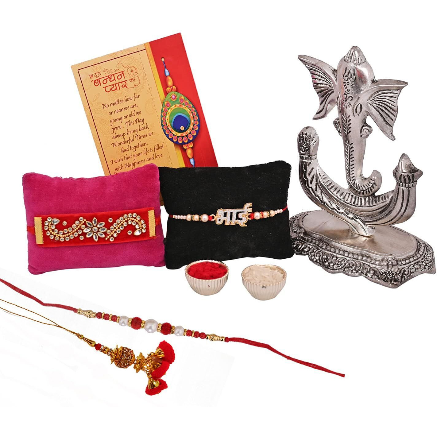 Rakhi For Brother Combo Gift Set - Rakhis for Rakshabandhan Sister Kids Bhaiya - Rakhi Gift for Brother Bhabhi - Ganesha Idol Showpiece For Gift/Peacock Rakhi/Bhai Rakhi/Lumba Rakhi/Greeting Card