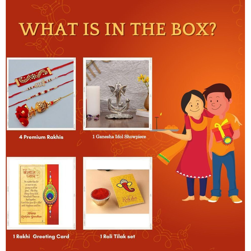 Rakhi For Brother Combo Gift Set - Rakhis for Rakshabandhan Sister Kids Bhaiya - Rakhi Gift for Brother Bhabhi - Ganesha Idol Showpiece For Gift/Peacock Rakhi/Bhai Rakhi/Lumba Rakhi/Greeting Card