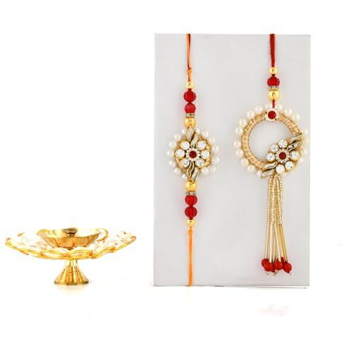 Rakhi Gift Combo for Brother, Brass Crystal Diya Oil Lamp with 4 Rakhi Gift Set - Rakhi for Bhaiya Bhabhi - Raksha Bandhan Card/Lumba Rakhi/Kundan Rakhi (M3- Bhaiya Bhabhi Pair)