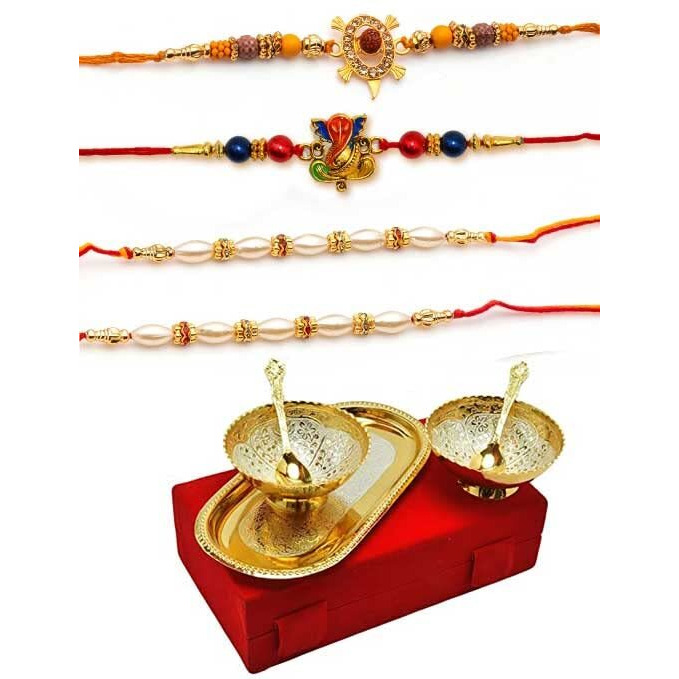 Collectible India Floral Design Rakhi & Gift Set for Brother [Gift Combo - Lumba Kada Rakhi with 2 Brass Bowl with Velvet Box, & Greeting Card