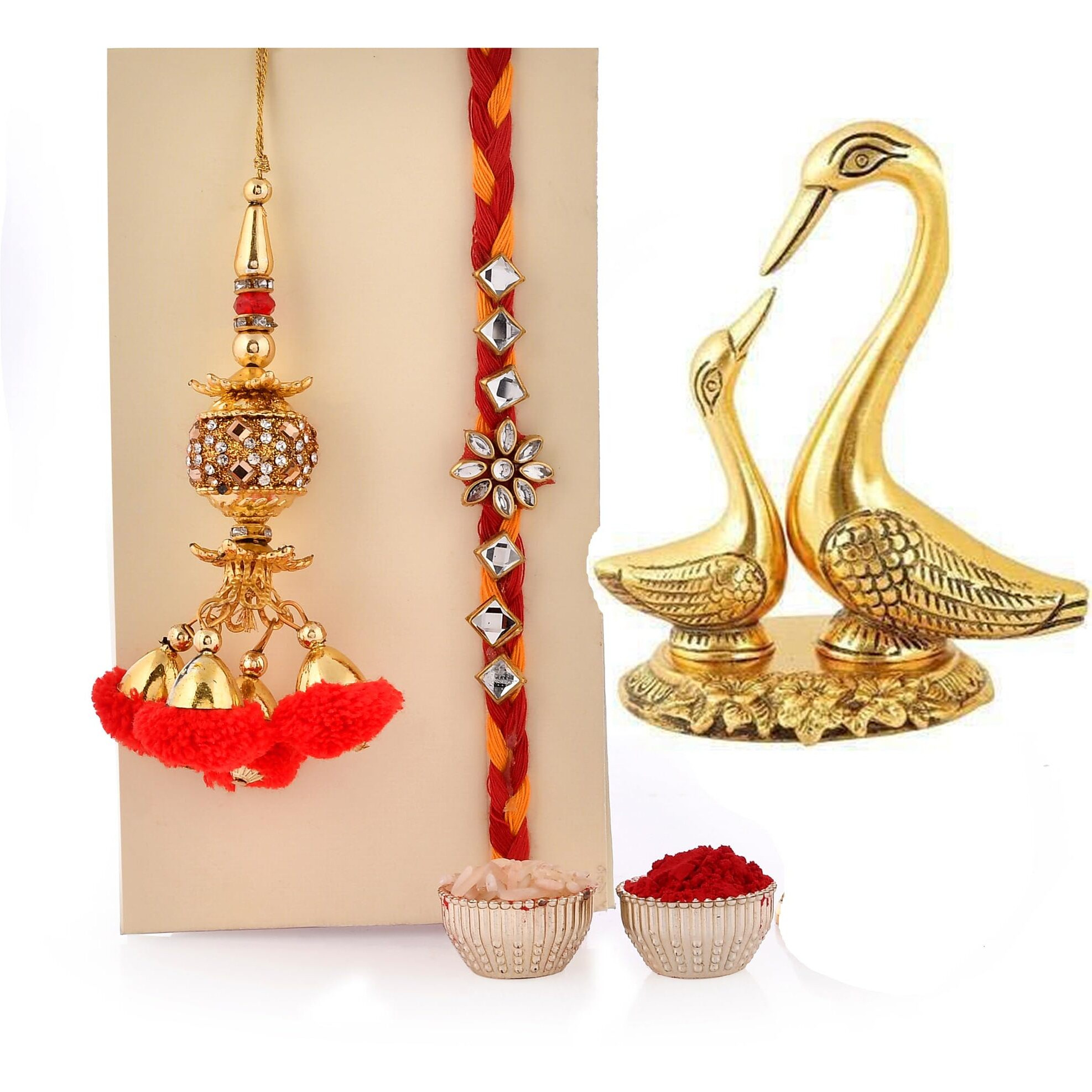 CraftVatika Rakhi for Brother and Bhabhi with Gift - Kundan Rakhi for Bhaiya Bhabhi with Metal Swan Showpiece - Lumba Rakhi for Bhabhi with Gift Combo