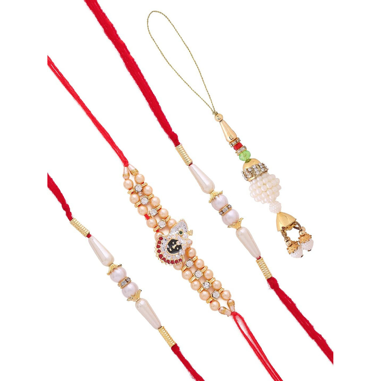 Collectible India Combo Of 4 Rakhi For Bhaiya Bhabhi, Beautiful Roli Chandan Set, with Rakshabandhan Gift Card/Lumba Rakhi/Krishna Rakhi/Pearls Rakhi/Rakhi For Brother Kids