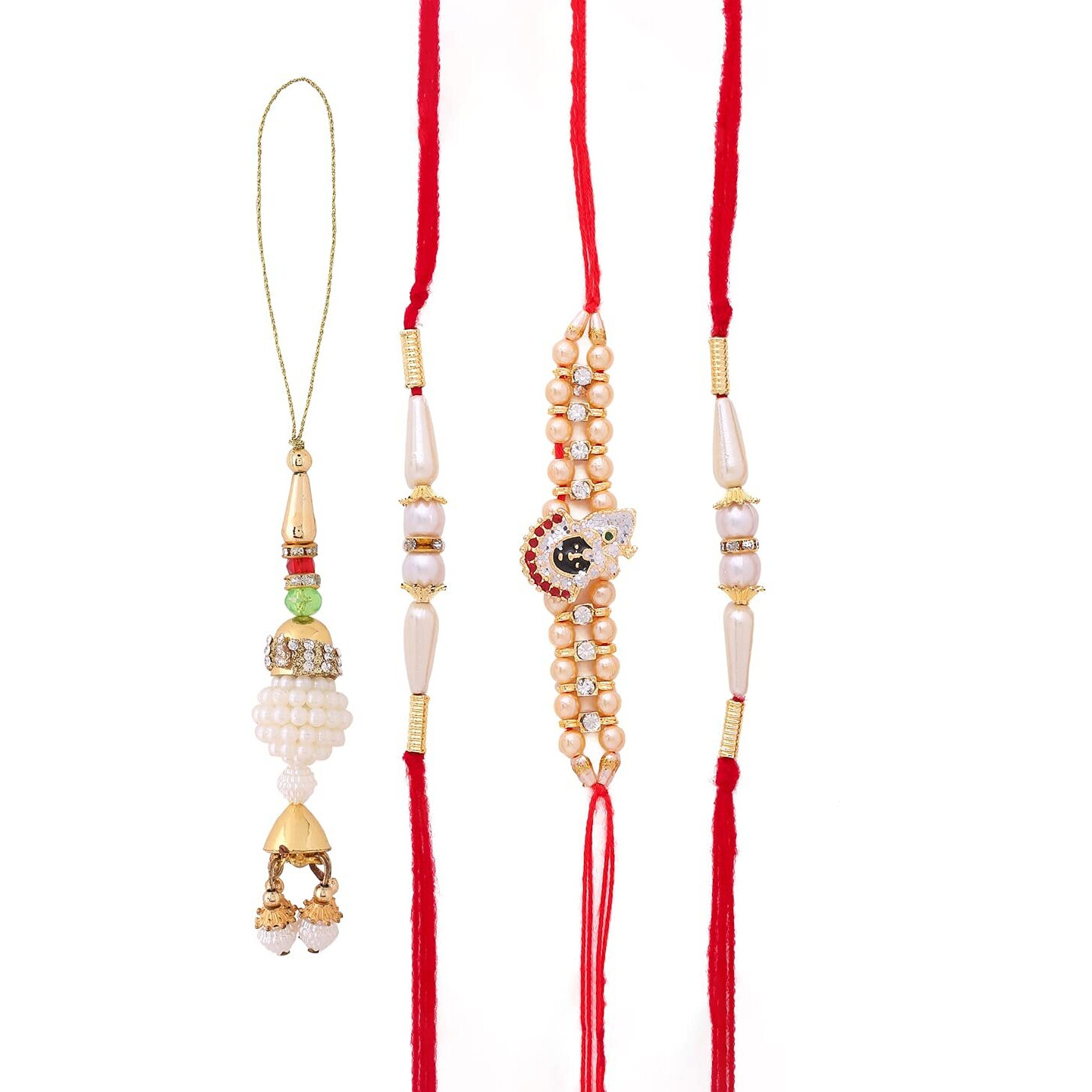Collectible India Combo Of 4 Rakhi For Bhaiya Bhabhi, Beautiful Roli Chandan Set, with Rakshabandhan Gift Card/Lumba Rakhi/Krishna Rakhi/Pearls Rakhi/Rakhi For Brother Kids