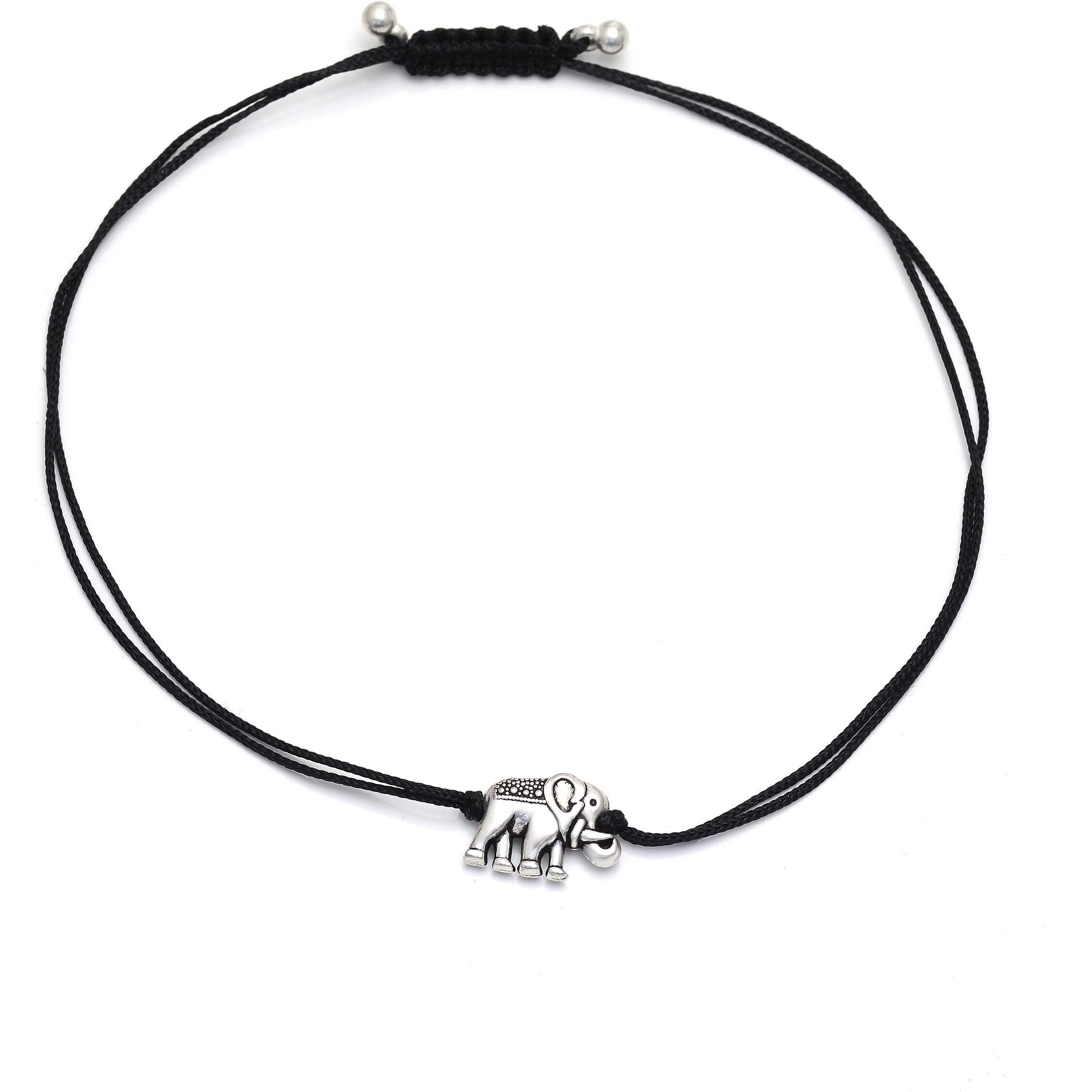 abhooshan Charm Single Anklet in Silver Adjustable Black Thread for Girls and Women Stylish | Ideal Gift for Wife, Friend, Collegues, Sister on Rakhi Birthday Anniversary Gift (Retro Elephant)