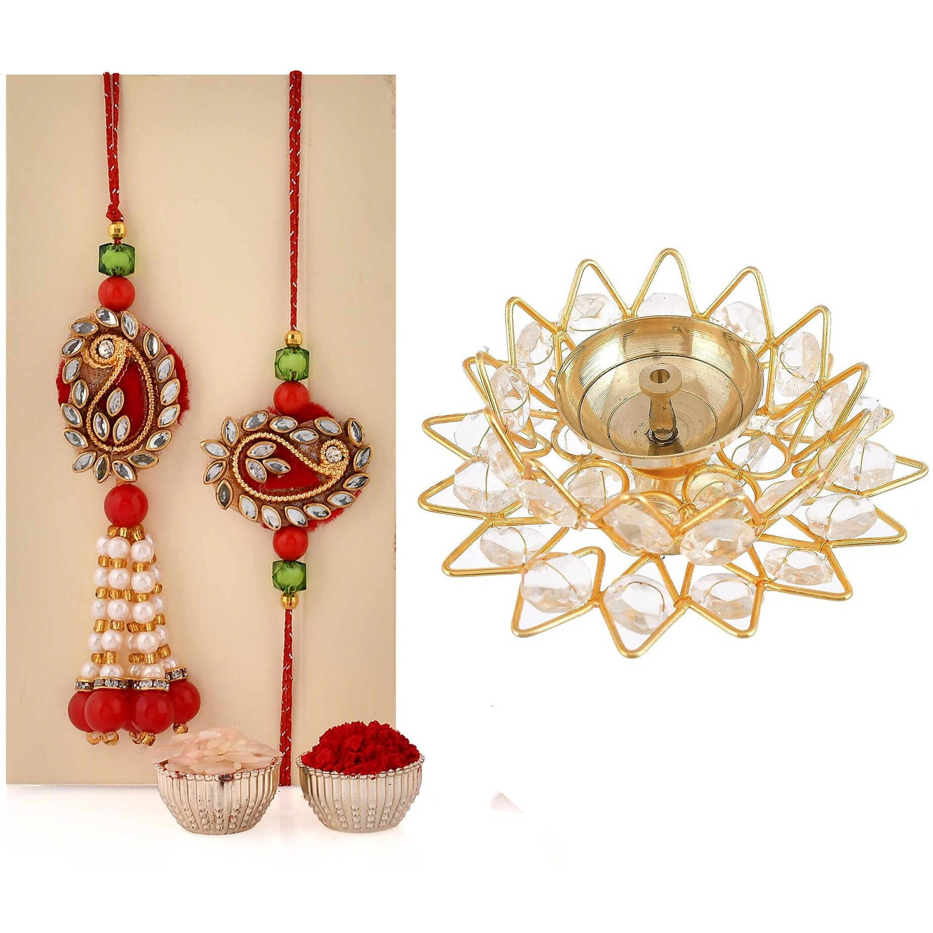 CraftVatika Rakhi Set Gift Combo for Brother and Bhabhi - Kundan Rakhi with Crystal Diya Gift Set - Lumba Rakhi for Bhabhi - Couple Rakhi for Bhaiya Bhabhi Rakshabandhan Rakhi Gift (M4-Bhaiya Bhabhi)