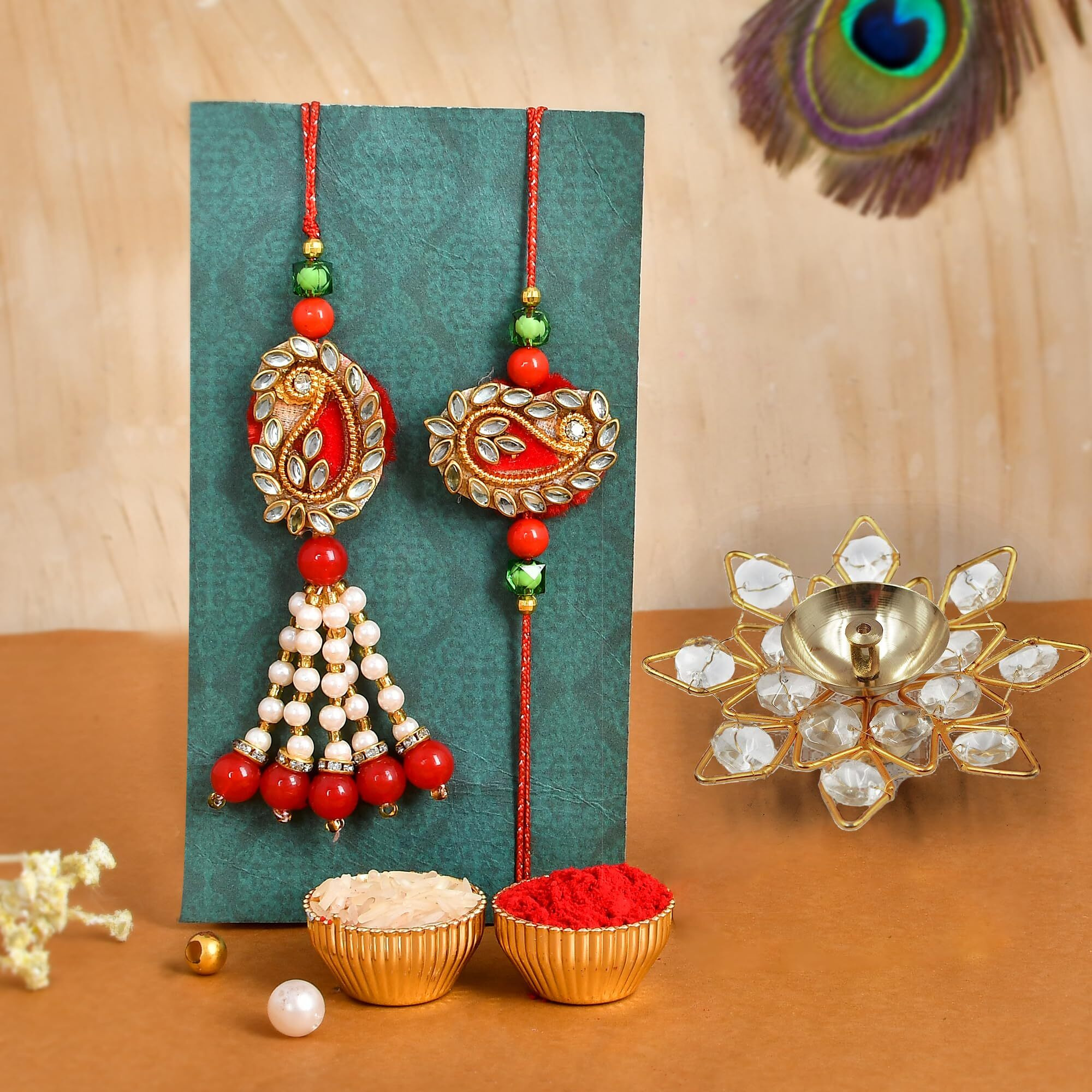 CraftVatika Rakhi Set Gift Combo for Brother and Bhabhi - Kundan Rakhi with Crystal Diya Gift Set - Lumba Rakhi for Bhabhi - Couple Rakhi for Bhaiya Bhabhi Rakshabandhan Rakhi Gift (M4-Bhaiya Bhabhi)
