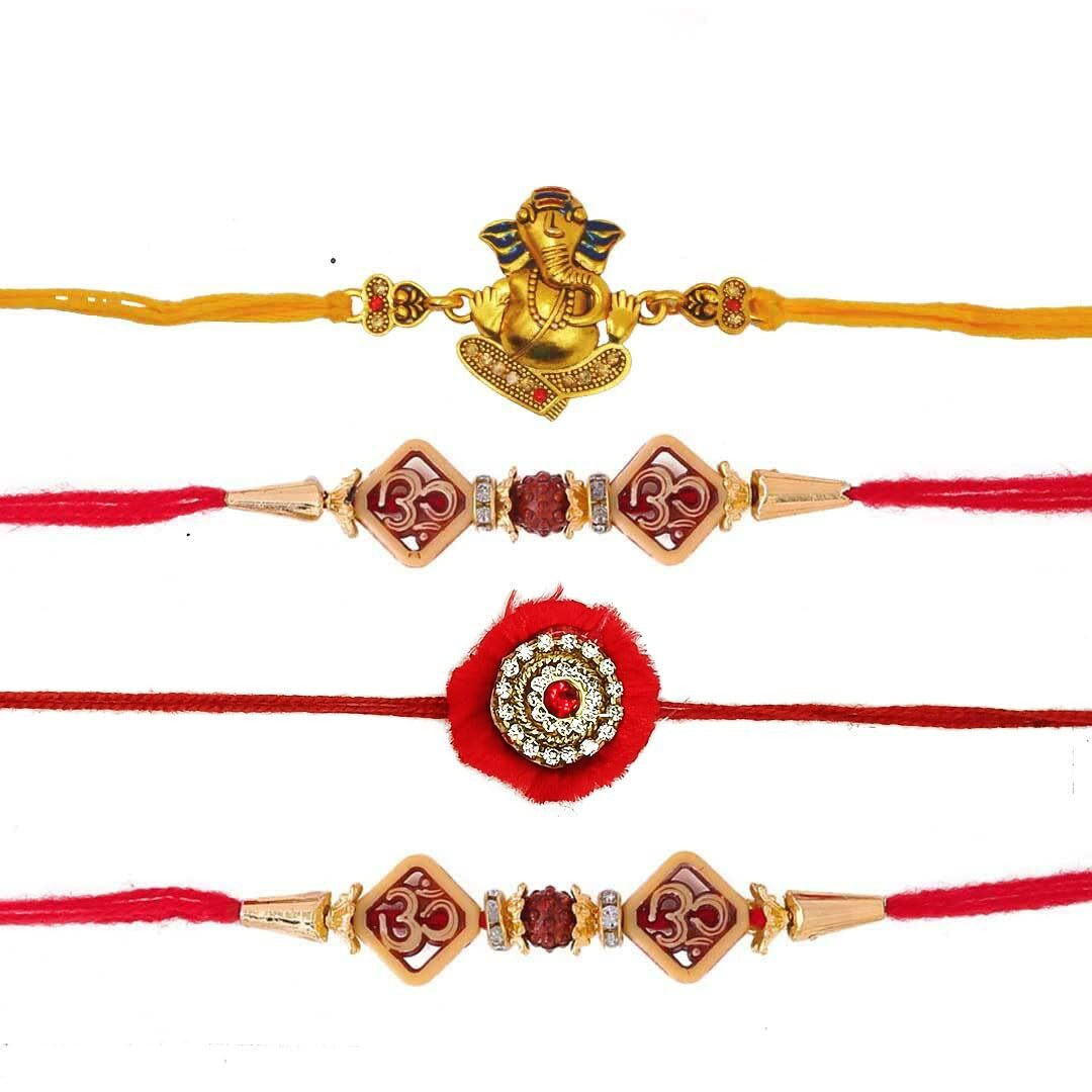 Combo of 4 Rakhi For Brother and Bhabhi - Rakhi For Brother Kids - Ganesha Gold Plated Rakhi For Bhaiya Brother, Flower Pearl Rakhi For Bhabhi, Om Rudraksh Rakhi, Roli Chandan, Greeting Card (RAKHI121)