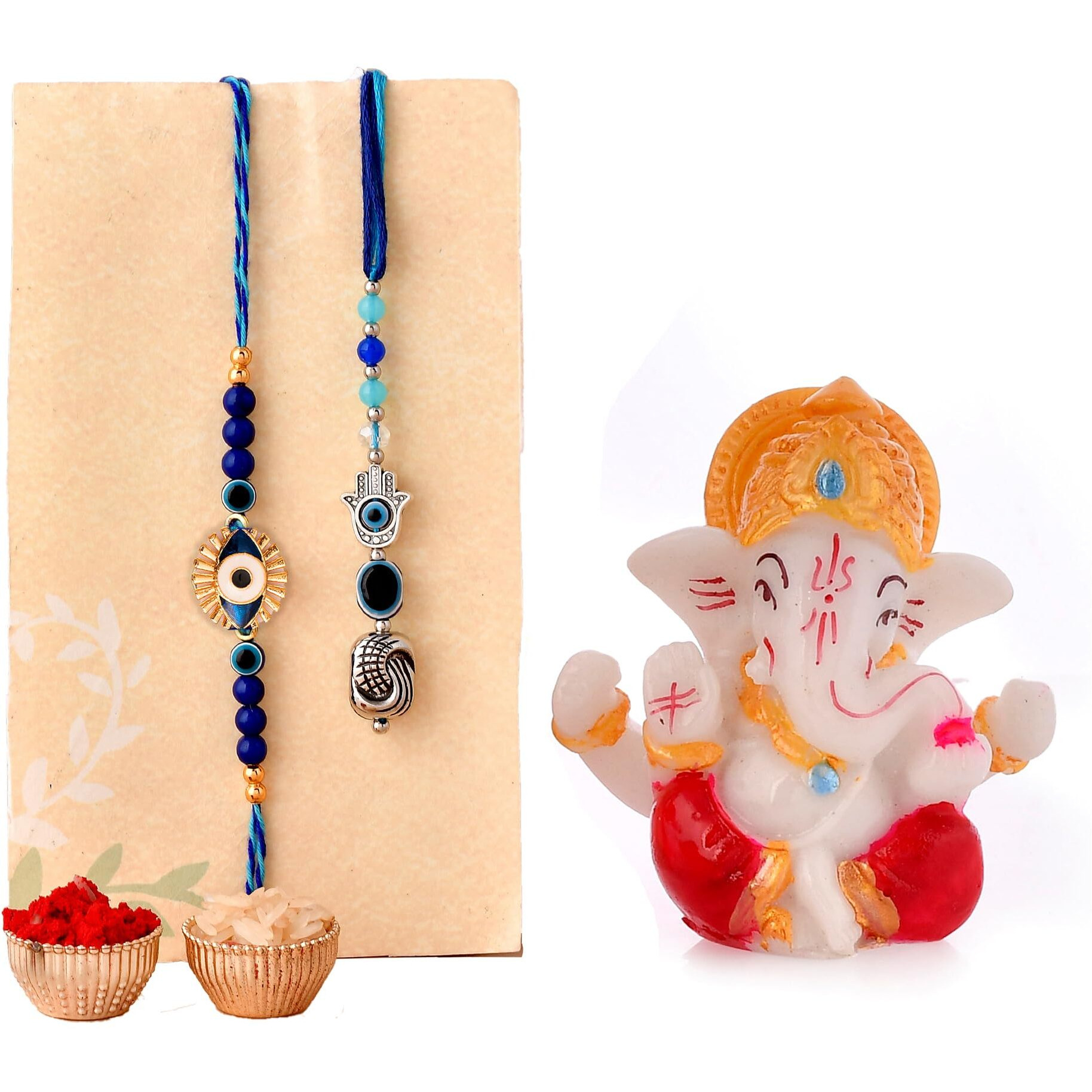 CraftVatika Rakhi Gift for Brother Bhabhi with Ganesha Showpiece Combo Gift- Evil Eye Rakhi, Designer Rakhi for Brother Bhabhi with Figurine