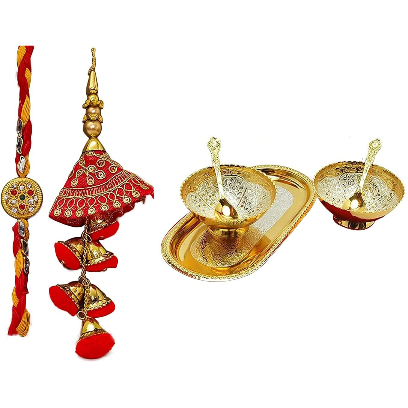 Collectible India Stone Studded Beaded Rakhi & Gift Set for Brother [Gift Combo - Rakhi with 2 Bowl with Velvet Box, & Greeting Card