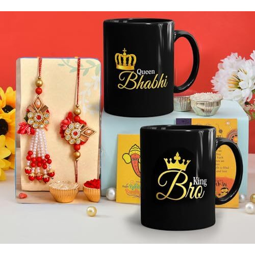 CraftVatika Rakhi for Brother and Bhabhi with Mug Gift Combo, Rakhi with Mug for Bhaiya Bhabhi Rakhi Set of 2, King Bhaiya Queen Bhabhi Quote Printed Mug Rakshabandhan Rakhi with Magnet Gift