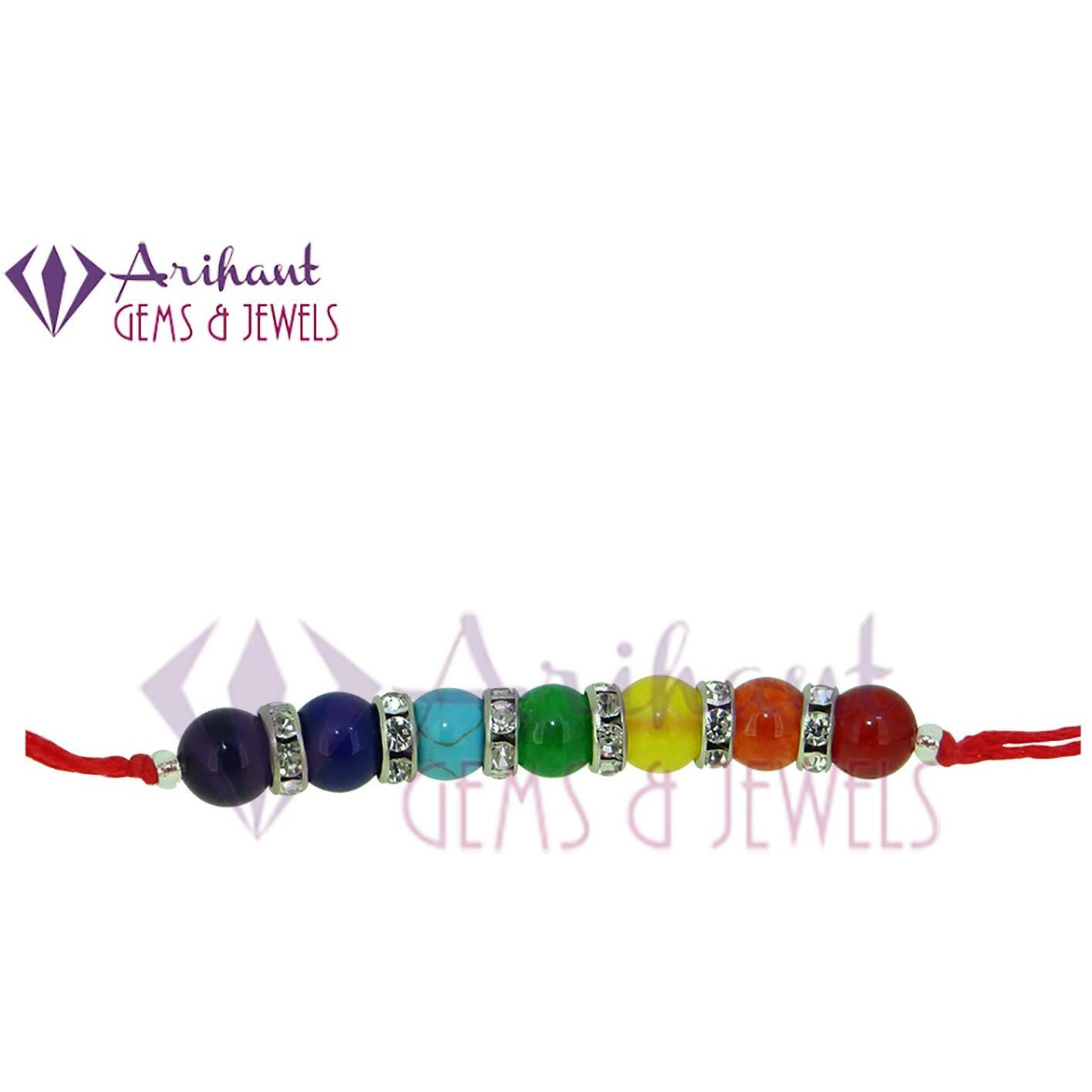 Arihant Gems & Jewels 7 Chakra Energetic Healing Stone Rakhi for Brother/Bhai/Bhaiya/Bro | Natural & Certified | Astrological Gemstone | Positive Effect (Set of 5)