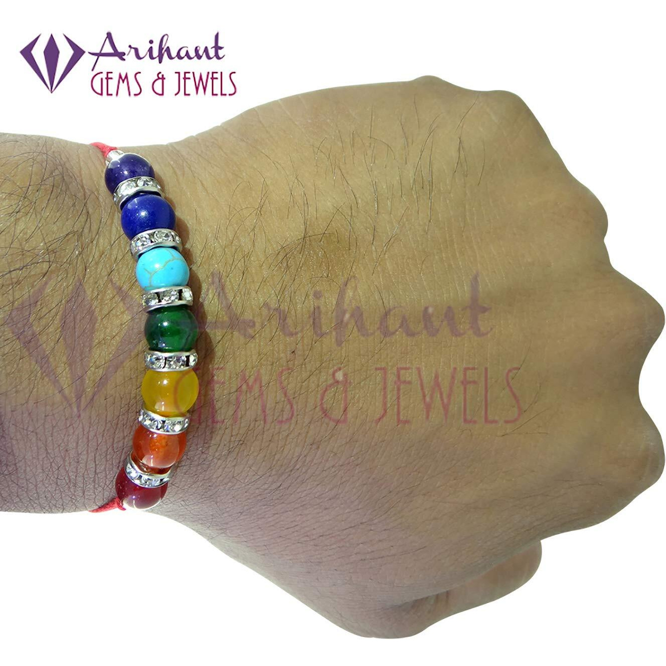 Arihant Gems & Jewels 7 Chakra Energetic Healing Stone Rakhi for Brother/Bhai/Bhaiya/Bro | Natural & Certified | Astrological Gemstone | Positive Effect (Set of 5)