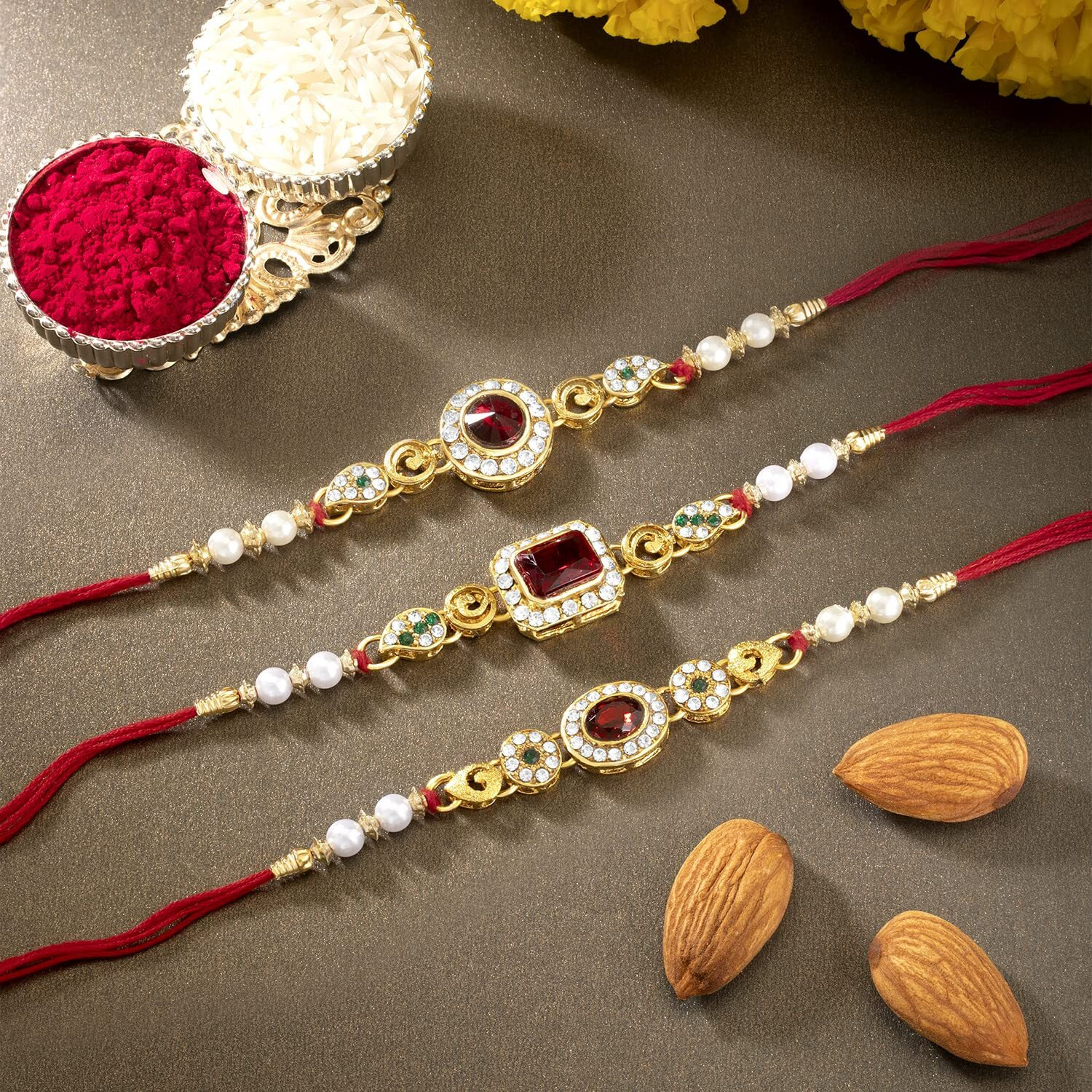 Peora Men Rakhi Thread Beautiful Beads Kundan Raksha Bandhan Rakhi With Chawal Roli Greeting Card (Combo Pack Of 3)