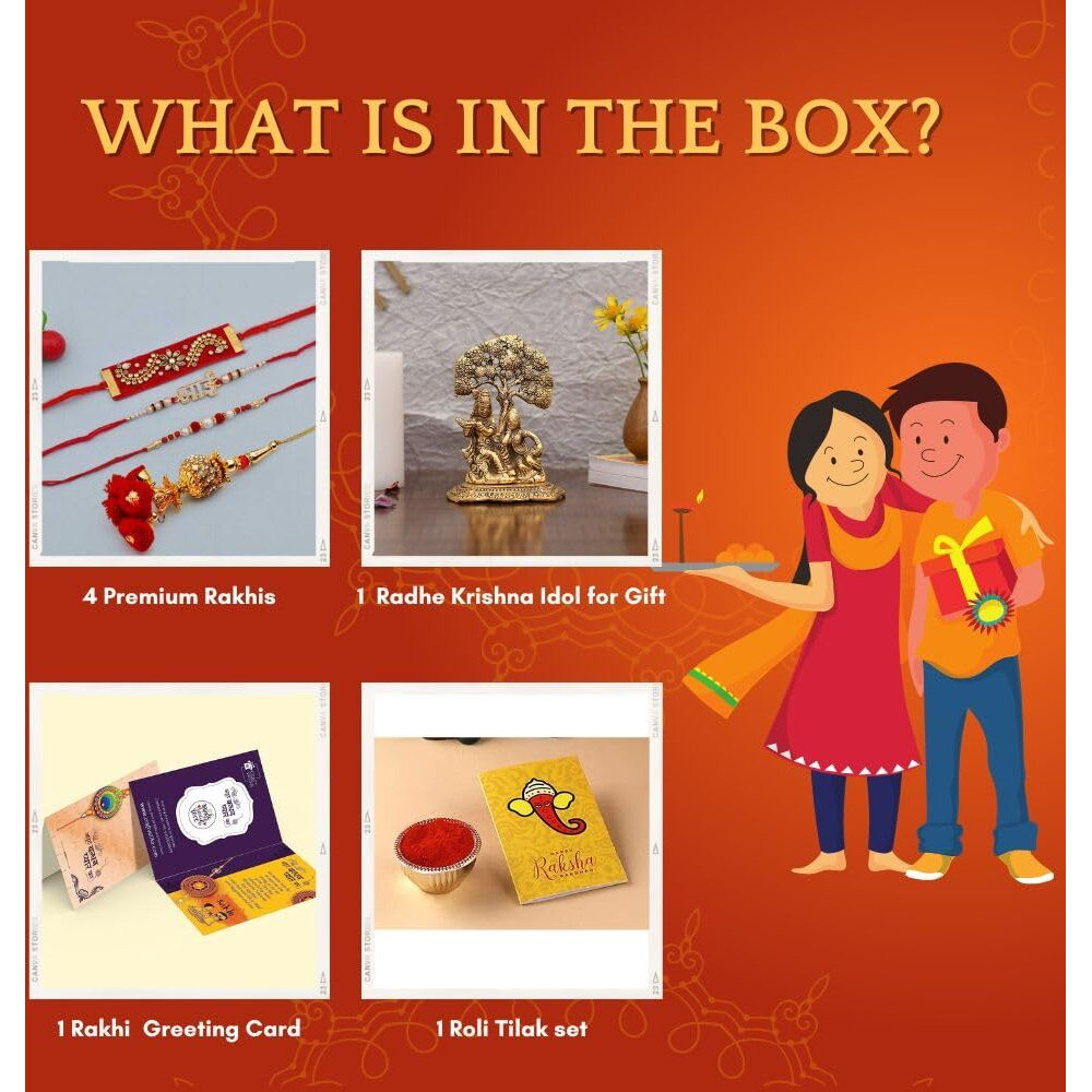 Rakhis for Bhai Bhabhi Brother with Gifts Hamper - Rakhi for Brother Gift Combo - Radha Krishna Idol Showpiece/Premium Kundan Rakhi/Lumba Rakhi/Best Wishes Greeting Card/Rakshabandhan Gifts