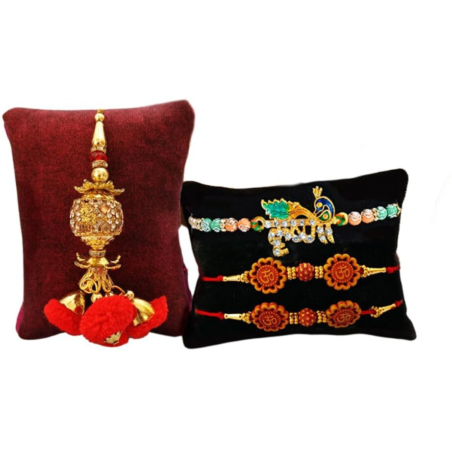 Rakhi for Brother with Gift - Rakhi Gift Combo Set - Rakhi for Bhaiya Bhabhi - Rakshabandhan Gift for Sister- Akhand Crystal Diya Oil Lamp/Krishna Rakhi/Lumba Rakhi/Rudraksh Rakhi/ Greeting Card