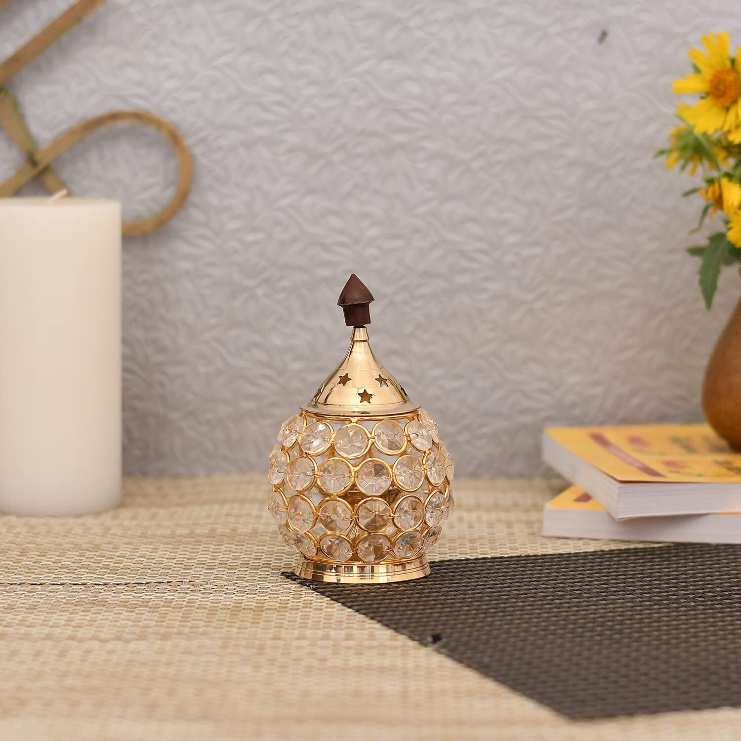 Rakhi for Brother with Gift - Rakhi Gift Combo Set - Rakhi for Bhaiya Bhabhi - Rakshabandhan Gift for Sister- Akhand Crystal Diya Oil Lamp/Krishna Rakhi/Lumba Rakhi/Rudraksh Rakhi/ Greeting Card
