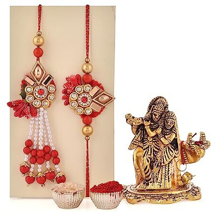 CraftVatika Rakhi Set of 2 for Bhaiya Bhabhi with Radha Krishna Idol Gift Rakhi for Brother and Bhabhi Couple Rakhi-Combo of 5 ( 1 Krishna idol, 1 Bhai Rakhi, 1 Lumba rakhi , Roli tikka, Greeting card
